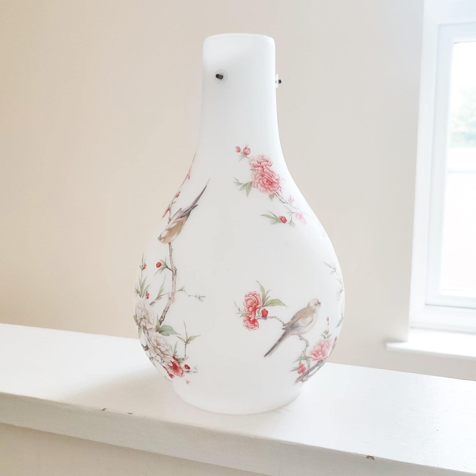 Vintage Famille Rose Opaque Satin Glass Pendant Lightshade   Peonies And Birds Chinese Art Design   Bottle Vase Shaped Ceiling Light Shade photo furniture