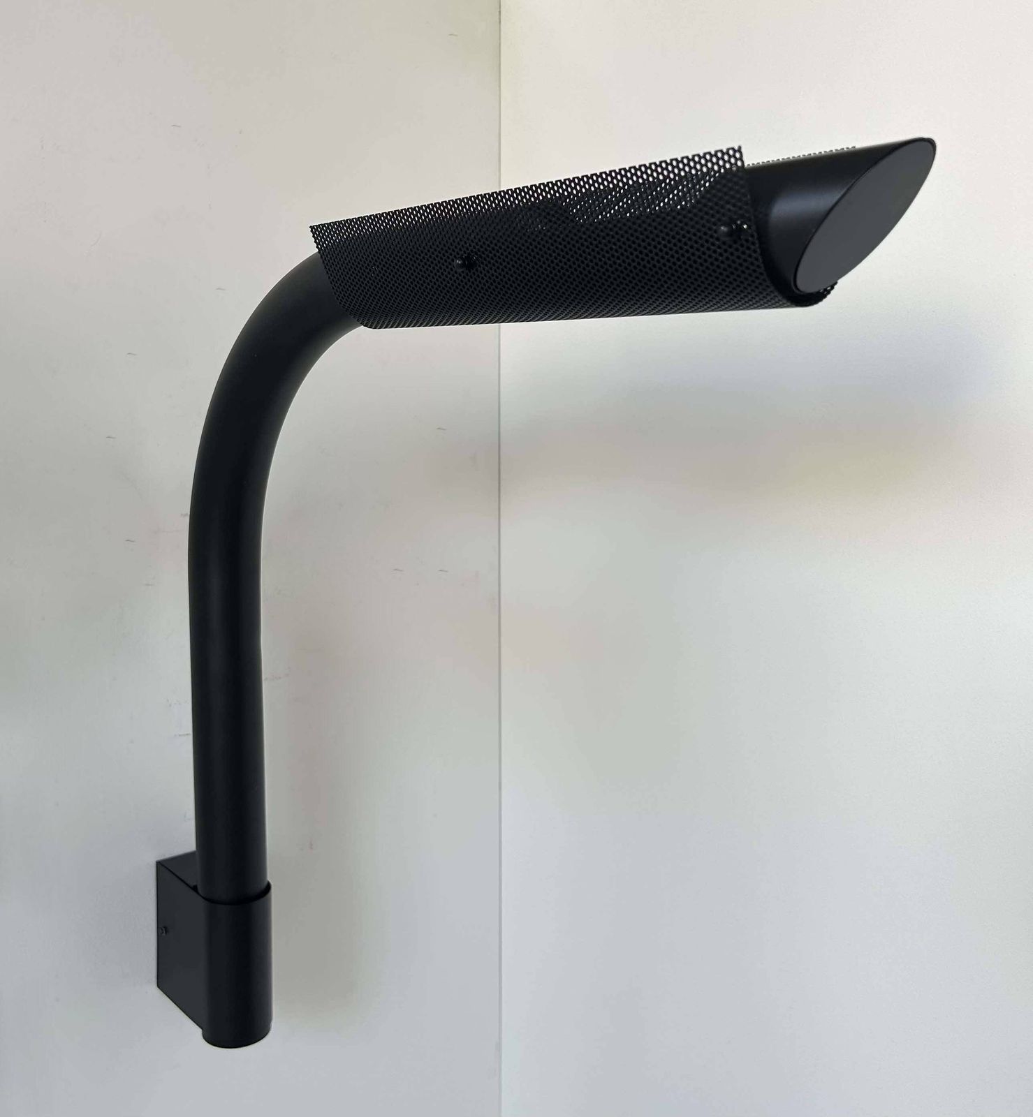 photo for sale Pair Of Black Tubular And Perforated Metal Wall Lights By Parscot, France 1980