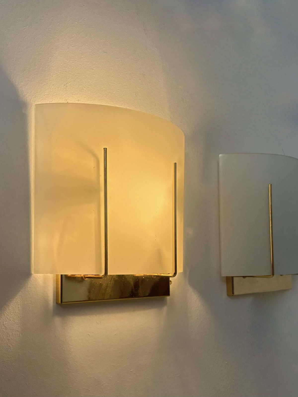 Pair Of Vintage Wall Lights, Gilded Brass And Sandblasted Glass, Italy 1970 photo for sale