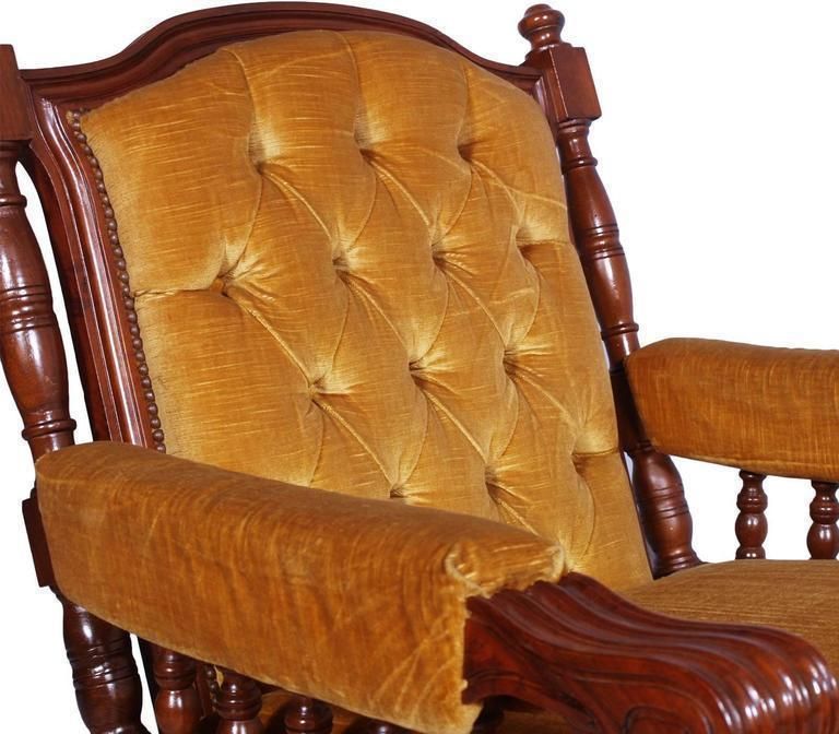 Early 20th Century Italian Pair Armchairs In Walnut Vith Original Yellow Velvet Upholstery photo Furniture