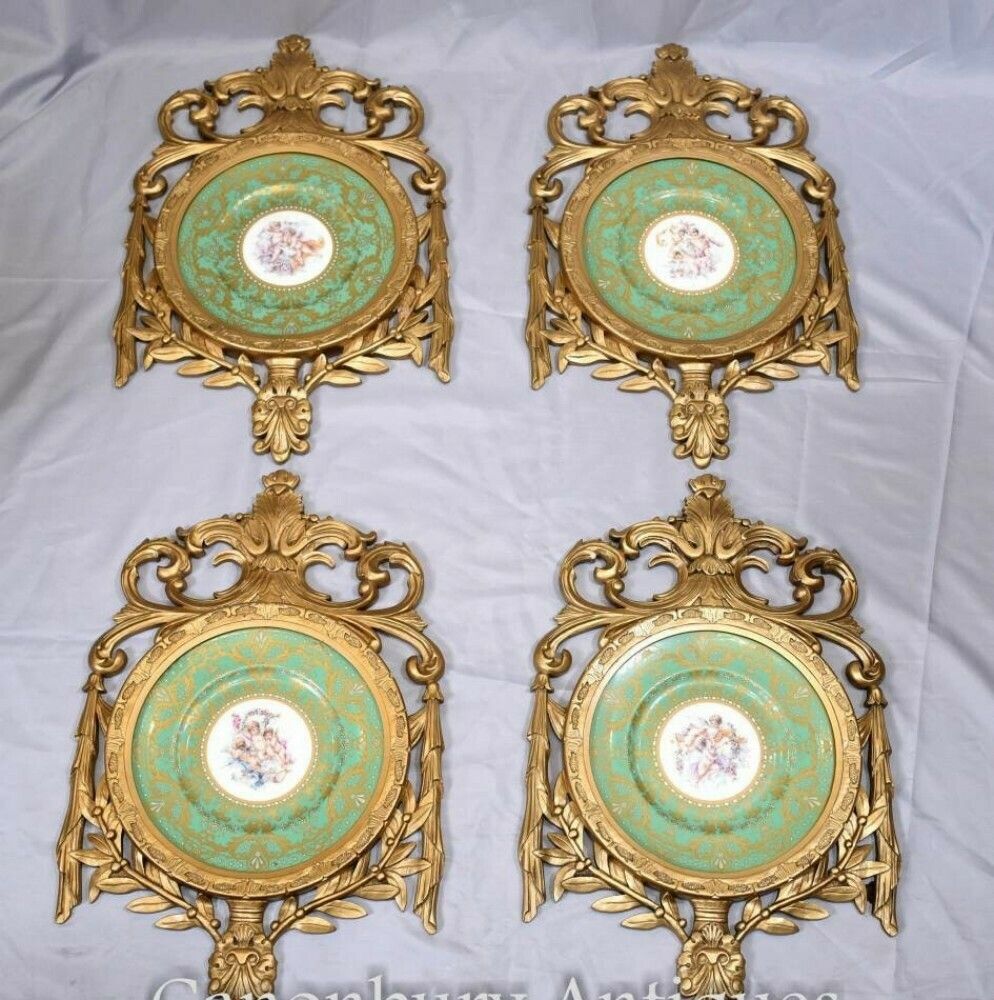 Art Sevres Porcelain Cherub Plaques   Gilt French Plates photo