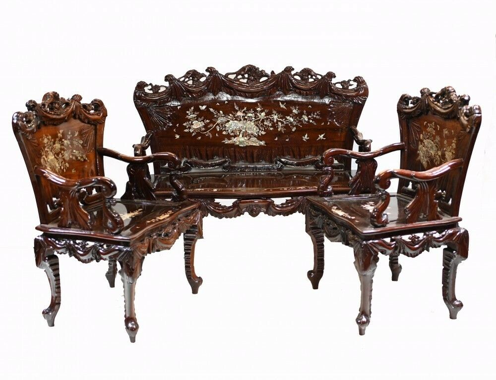 Chinese Hardwood Bench And Chair Set Suite Mother Of Pearl 1900 photo furniture
