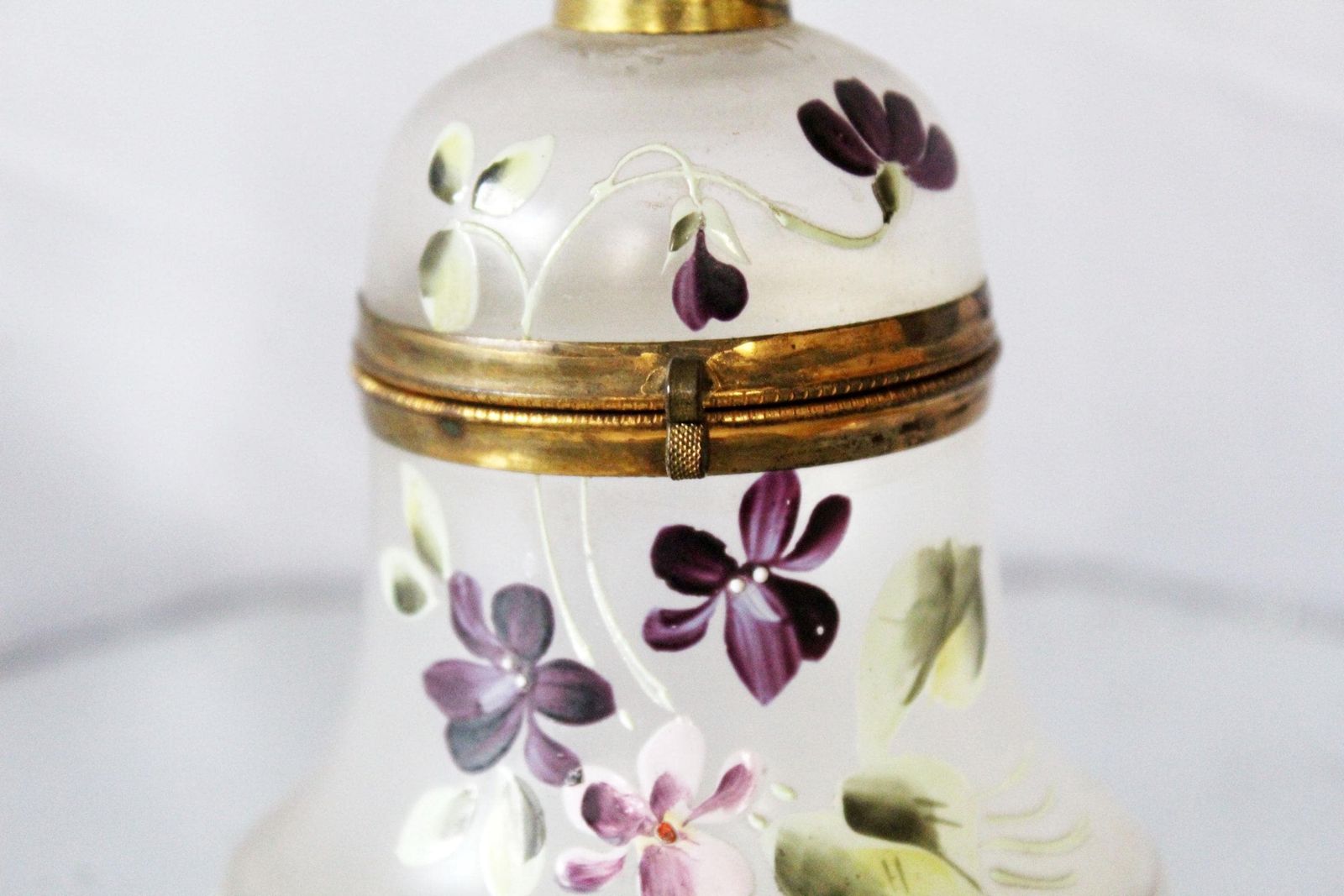 Antique Victorian Bell Shaped Glass Box, Enamelled Jewelry Box, Trinket Box, Hand Painted, Brass Gilt Hinged Top, Christmass Tree Decor photo furniture