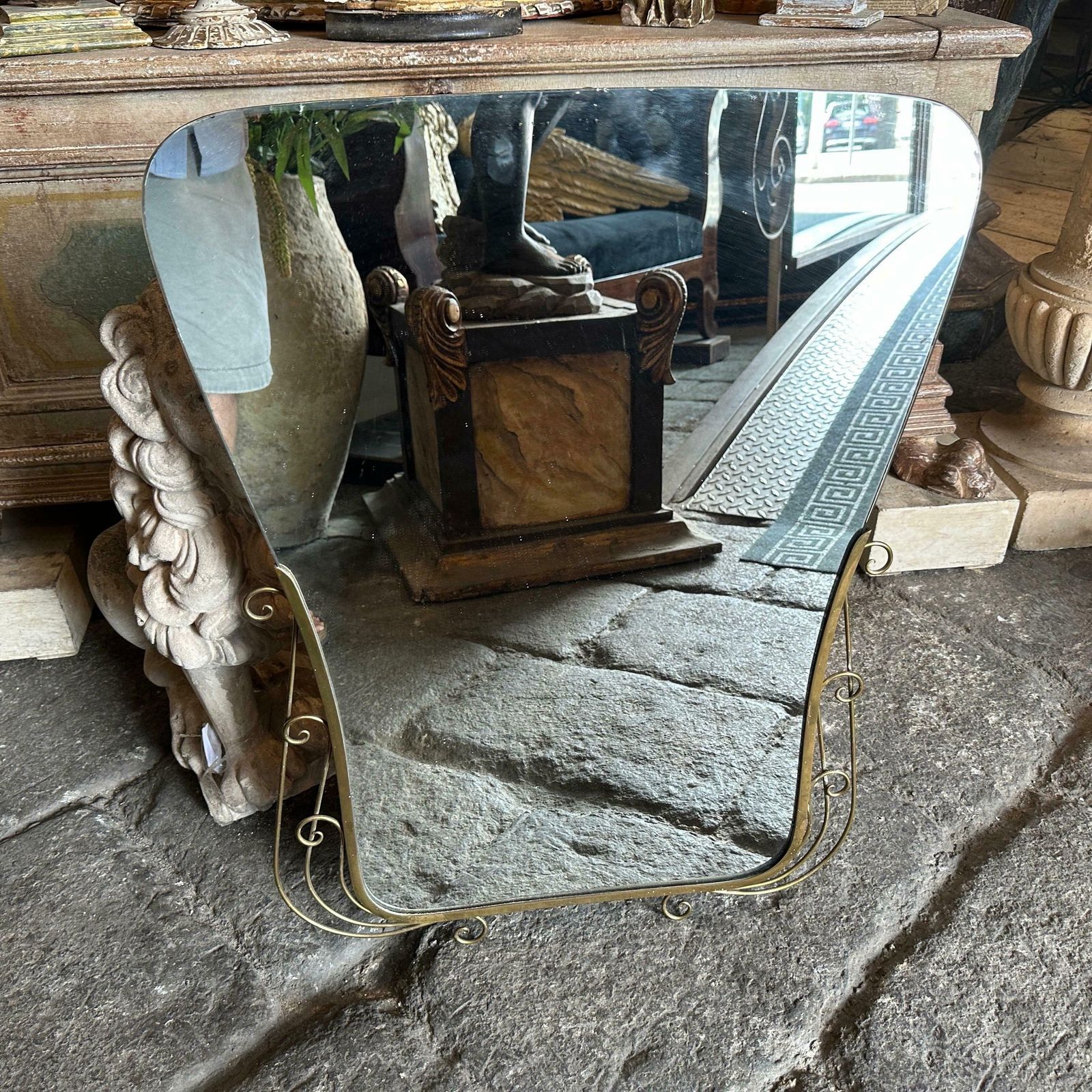 1950s Gio Ponti Style Mid Century Modern Brass And Glass Wall Mirror photo furniture