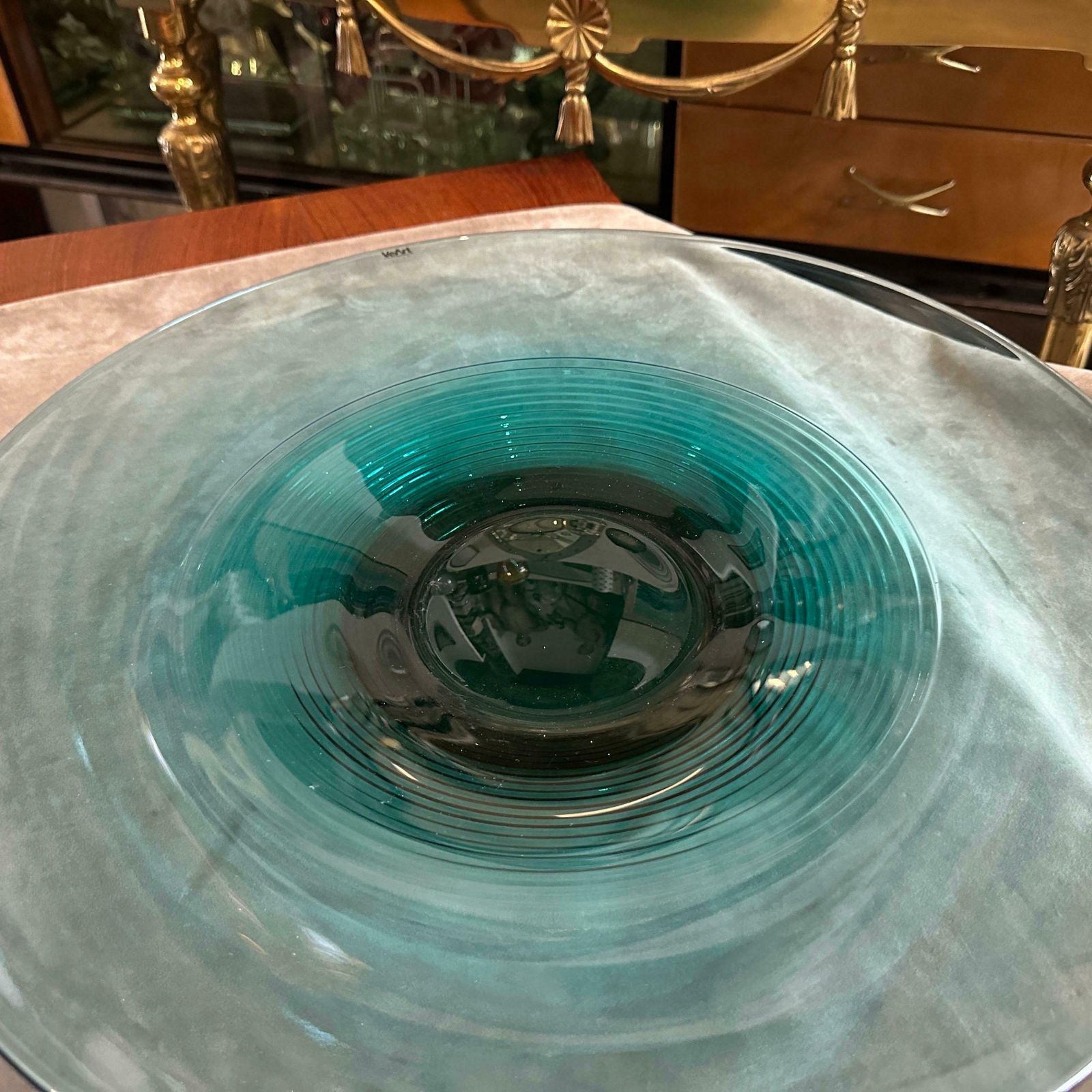 1980s Modern Green And Black Murano Glass Round Big Centerpiece By Veart photo vintage