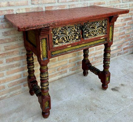 Red Lacquered Console Table With Gilt Accents And Carved Apron, 1940s photo for sale
