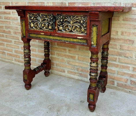 Red Lacquered Console Table With Gilt Accents And Carved Apron, 1940s photo Furniture