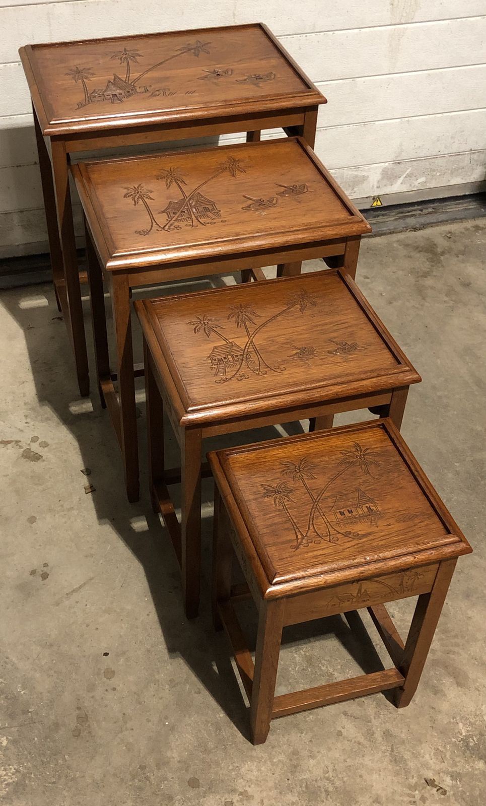 Handsome Vintage Carved Teak Nest Of Four Tables photo buy