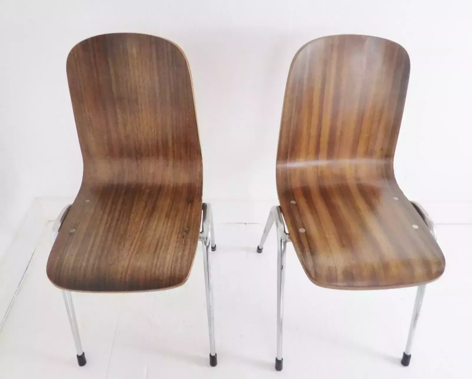 Stunning Pair Of Vintage Neil Morris Walnut & Teak Plywood Toby Stacking Chairs photo for sale