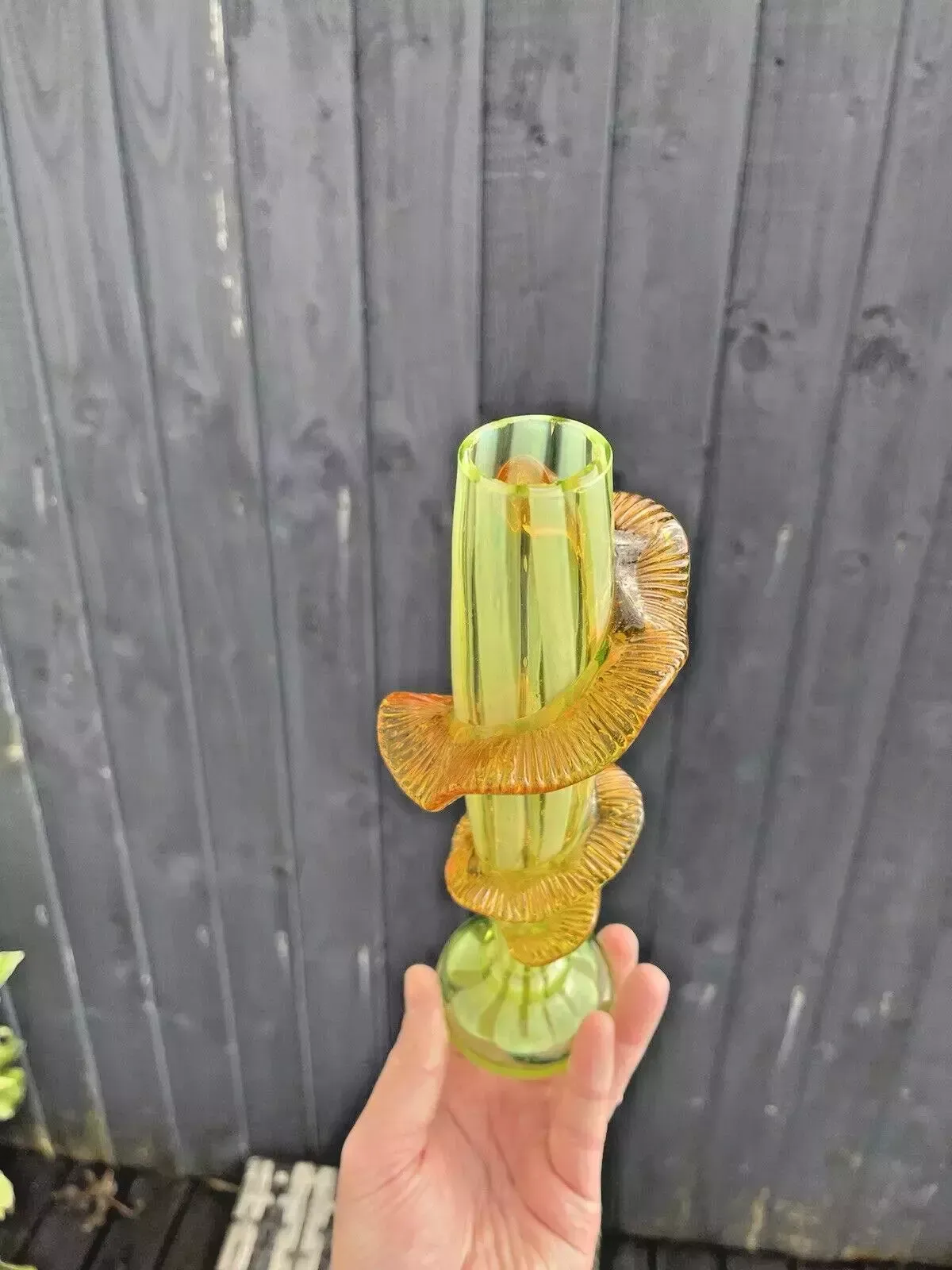 photo for sale Antique Uranium Glass Opalescent Pin Striped Amber Rigaree Bud Vase Harrach Welz