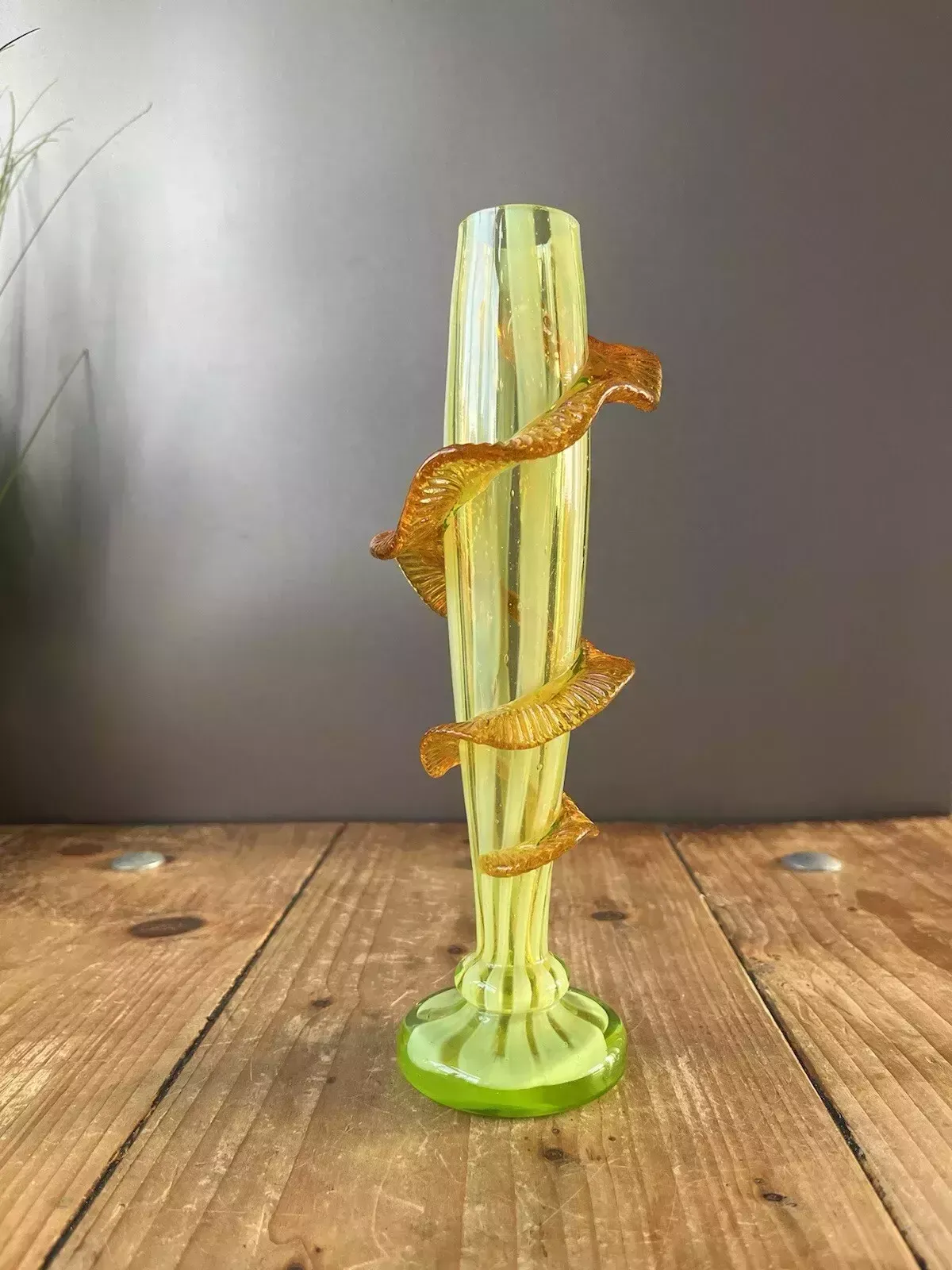 160.0 Antique Uranium Glass Opalescent Pin Striped Amber Rigaree Bud Vase Harrach Welz photo
