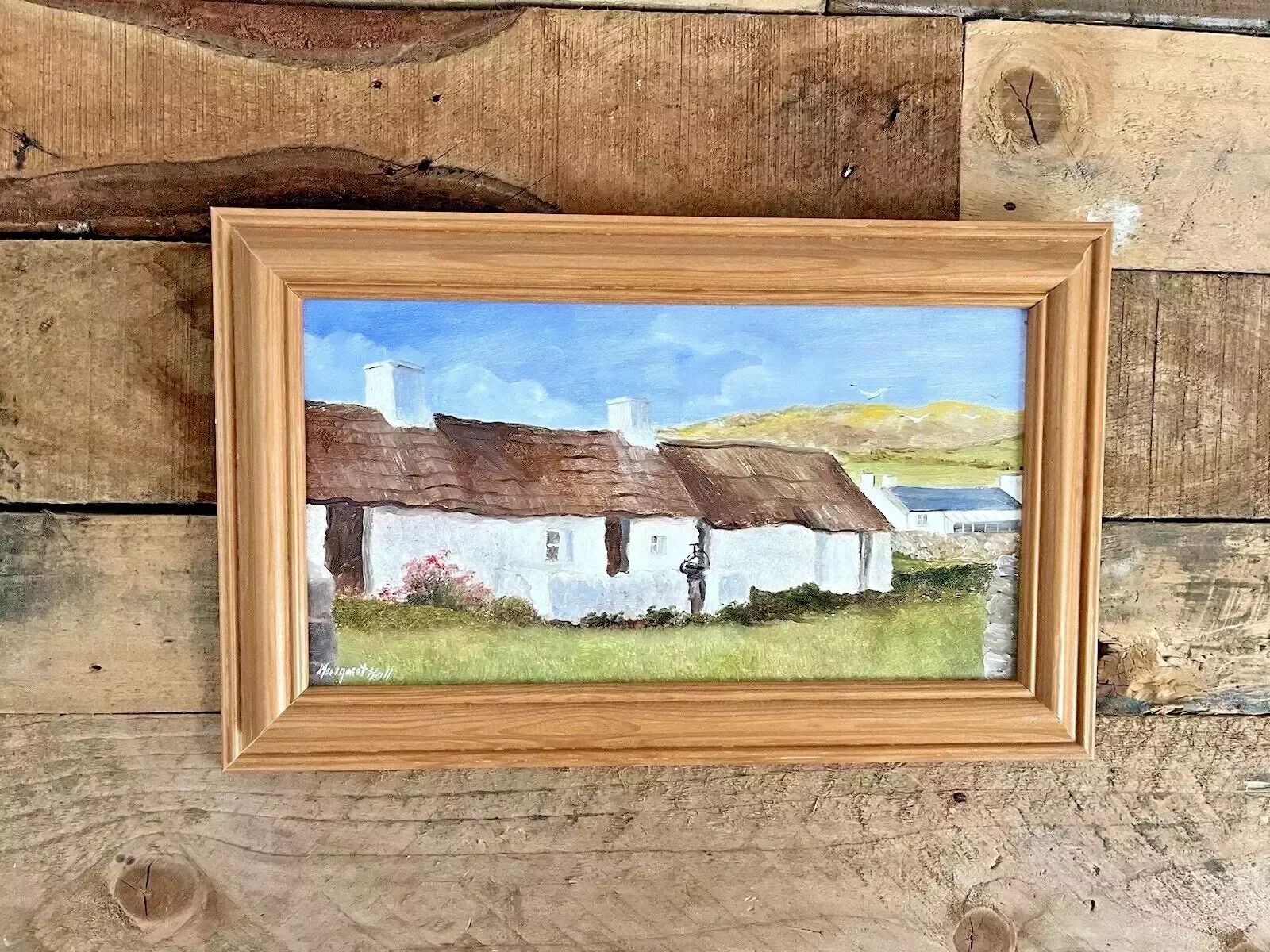 Art Original Margaret Hall Oil Painting Swtan Thatched Cottage Church Bay Anglesey photo