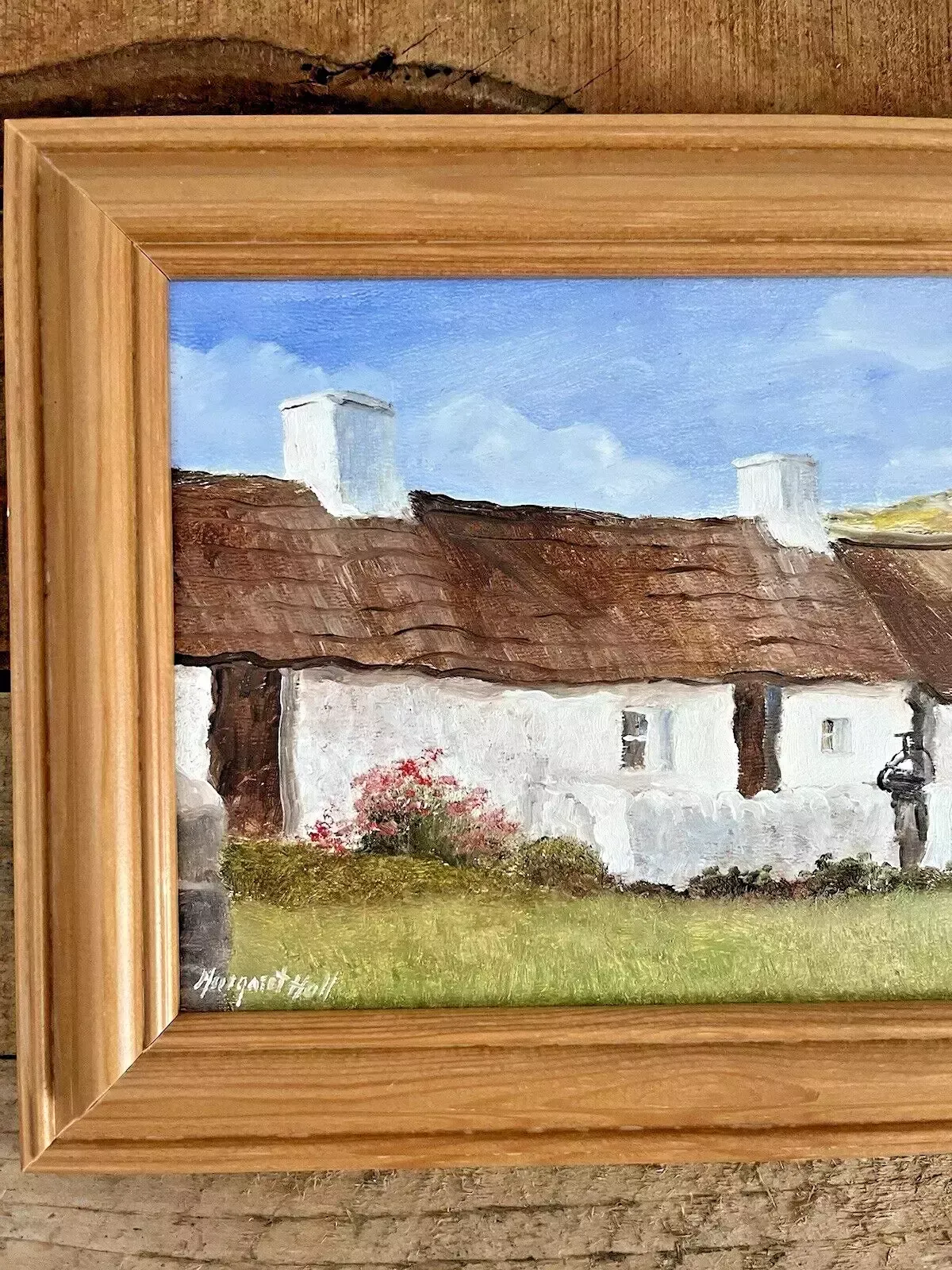 110.0 Original Margaret Hall Oil Painting Swtan Thatched Cottage Church Bay Anglesey photo