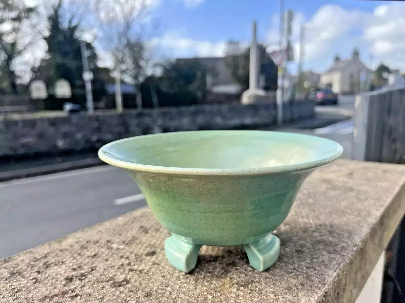 Antique Art Deco 1930's Harrow Weald Studio Art Pottery Green Glazed Footed Bowl photo for sale