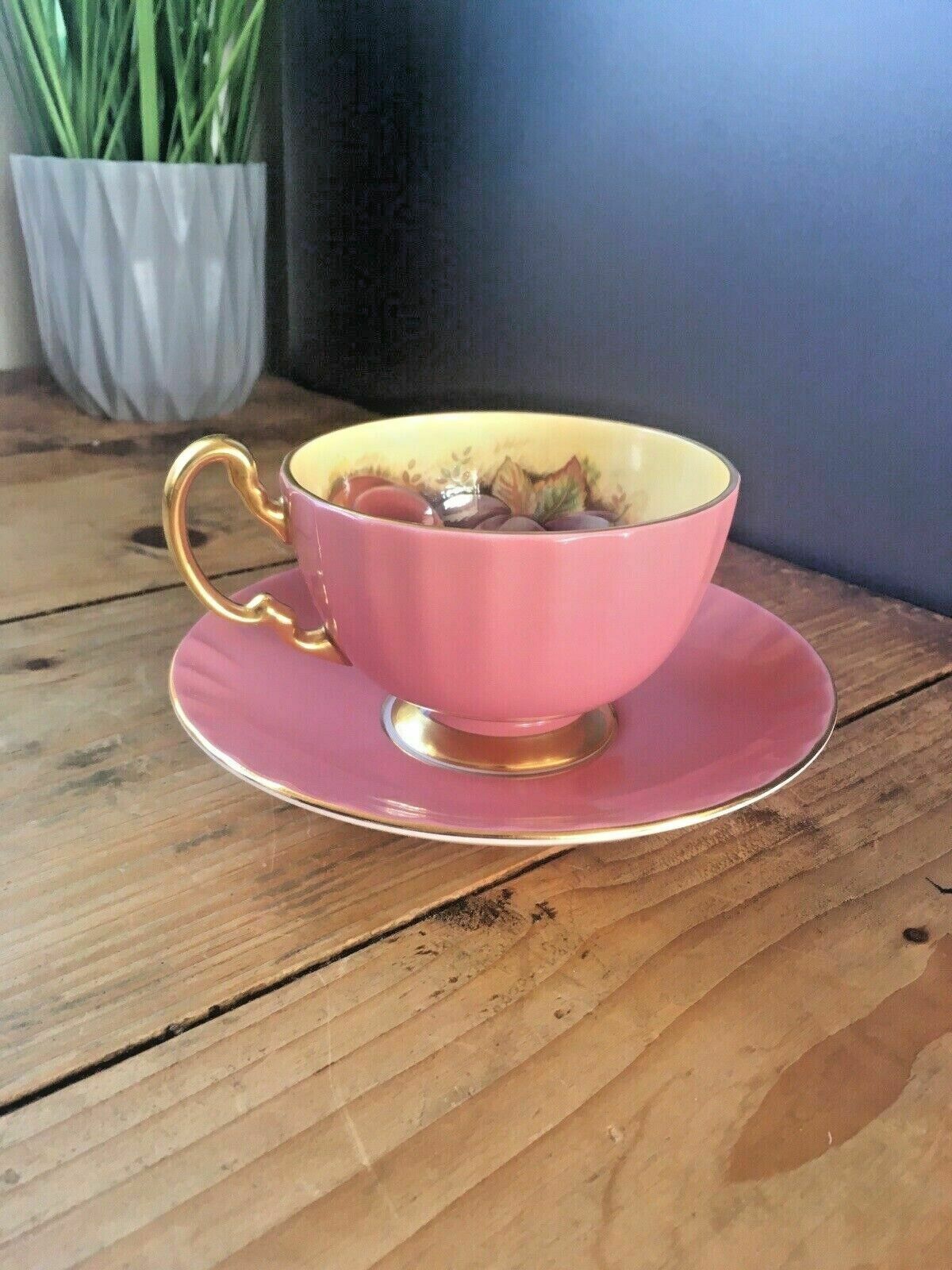 Rare Vintage Pink Aynsley Orchard Gold Fruit Fine China Cabinet Tea Cup & Saucer photo for sale