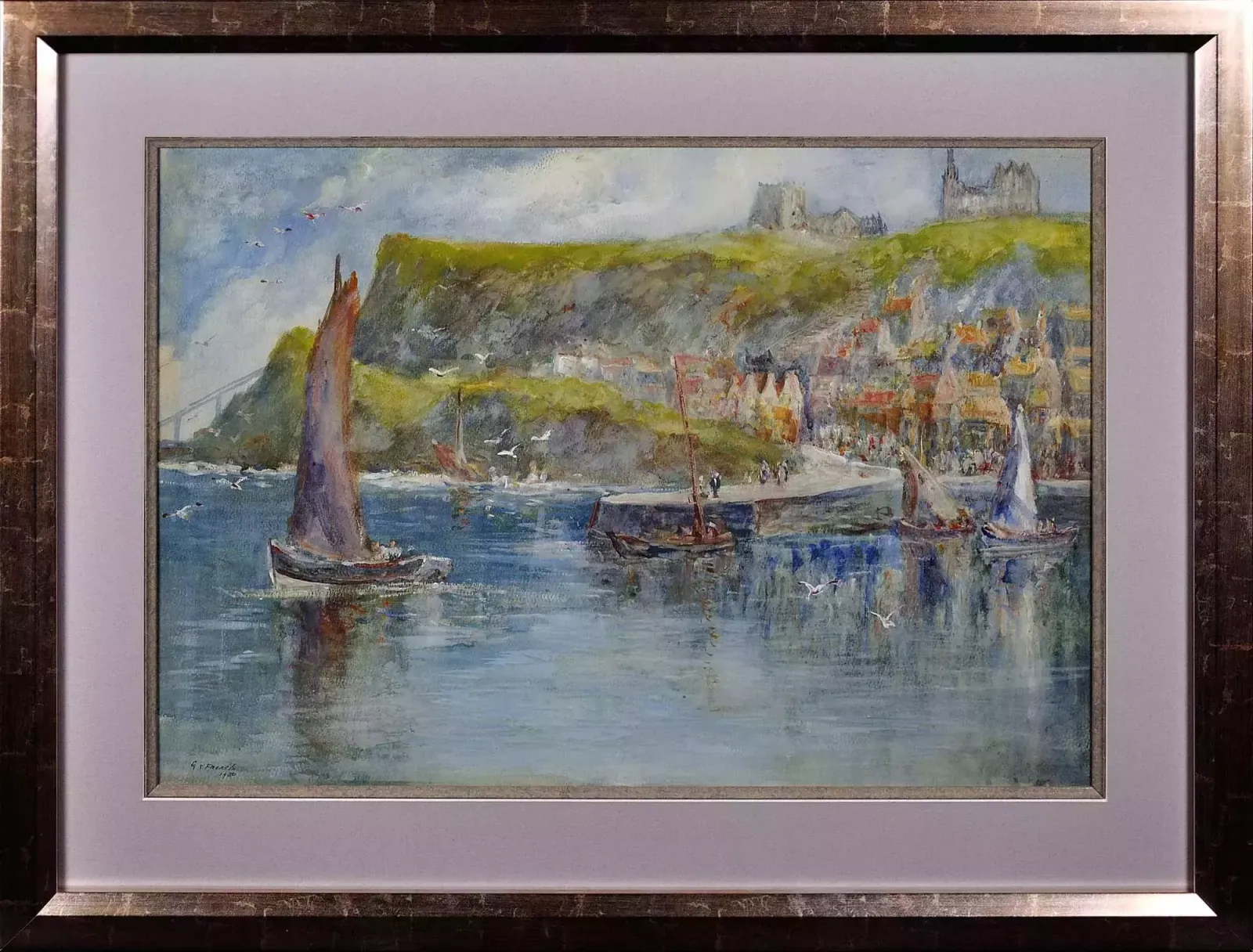 George Scarth French 1859 To 1946. English. Tate Hill Pier, Whitby, 1930. Framed Watercolour Painting. Synonymous With Bram Stoker’s Dracula.