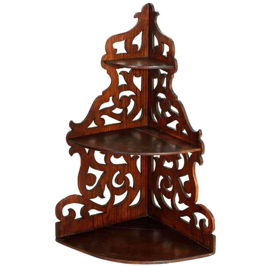 19th Century Corner Shelf, In Solid Walnut Hand Carved, Restored Wax Finished