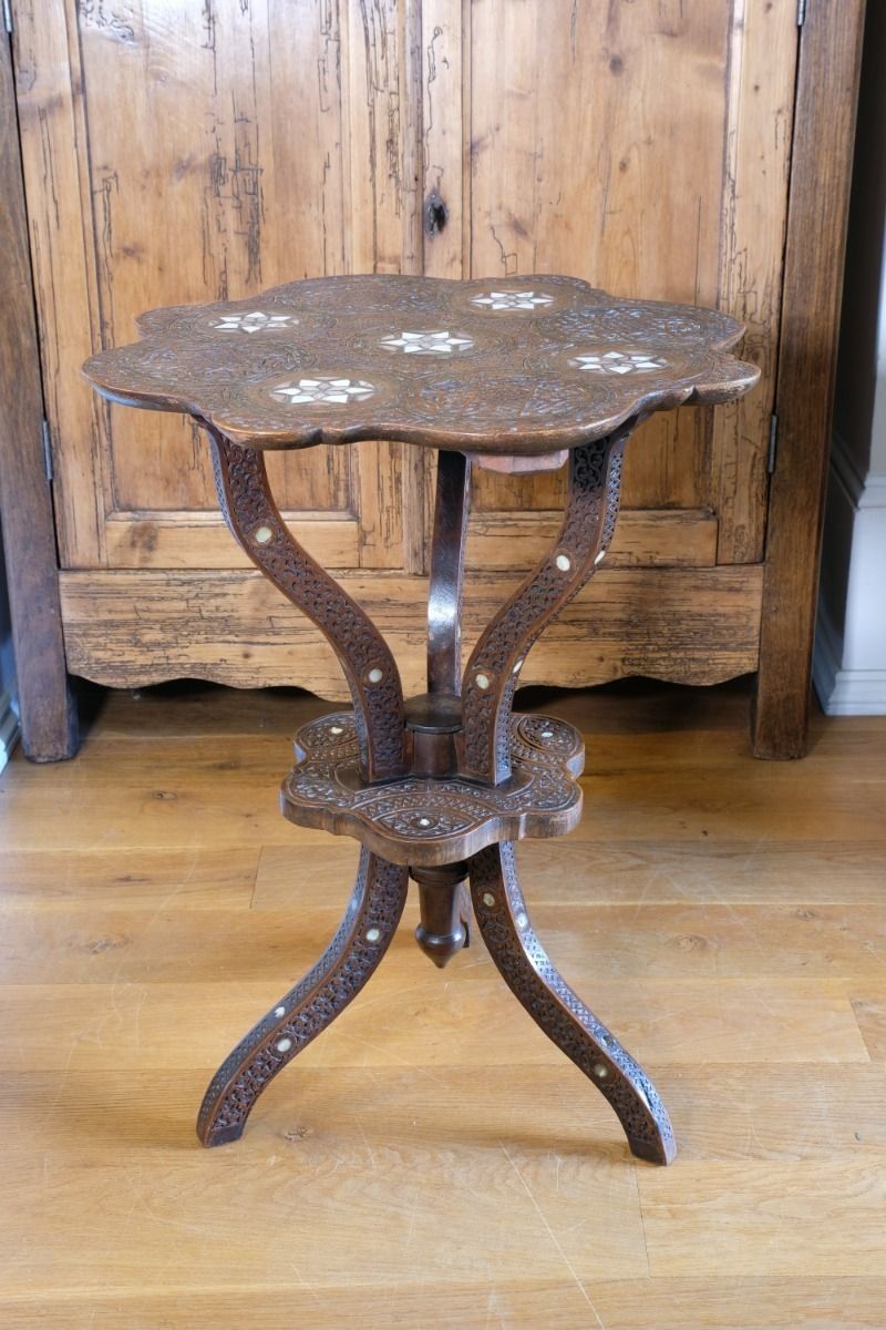 Carved Hardwood Mother Of Pearl Inlaid Occasional Table photo for sale
