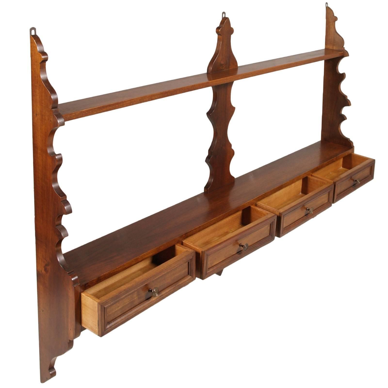 Mid Century Modern Italian Hanging Plate Rack Shelf In Walnut With Four Drawers photo furniture