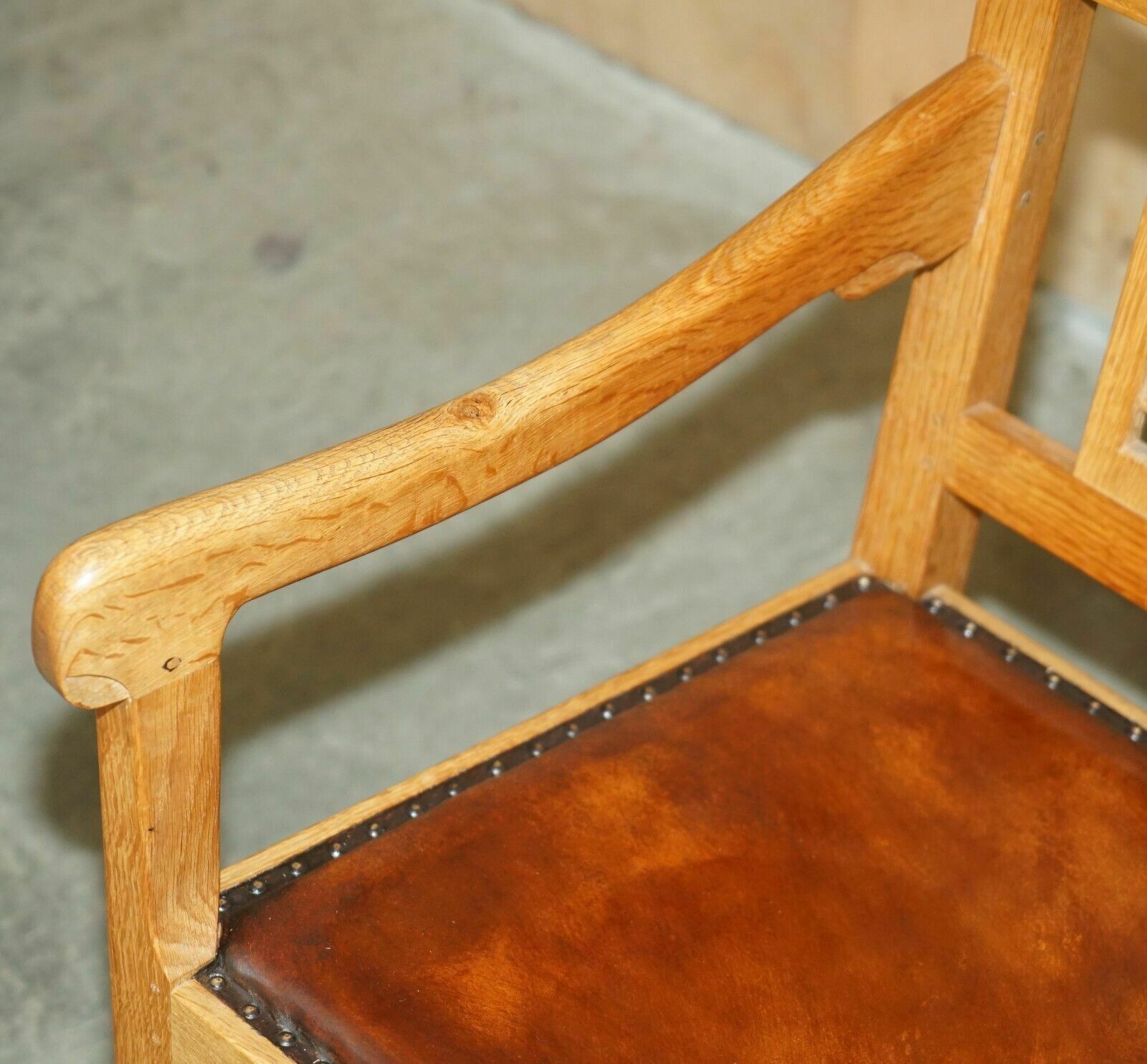 photo for sale Vintage Robert Mouseman Thompson Rocking Armchair Hand Dyed Brown Leather Seat