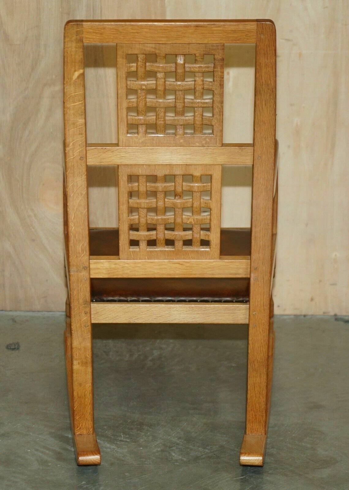 photo vintage Vintage Robert Mouseman Thompson Rocking Armchair Hand Dyed Brown Leather Seat