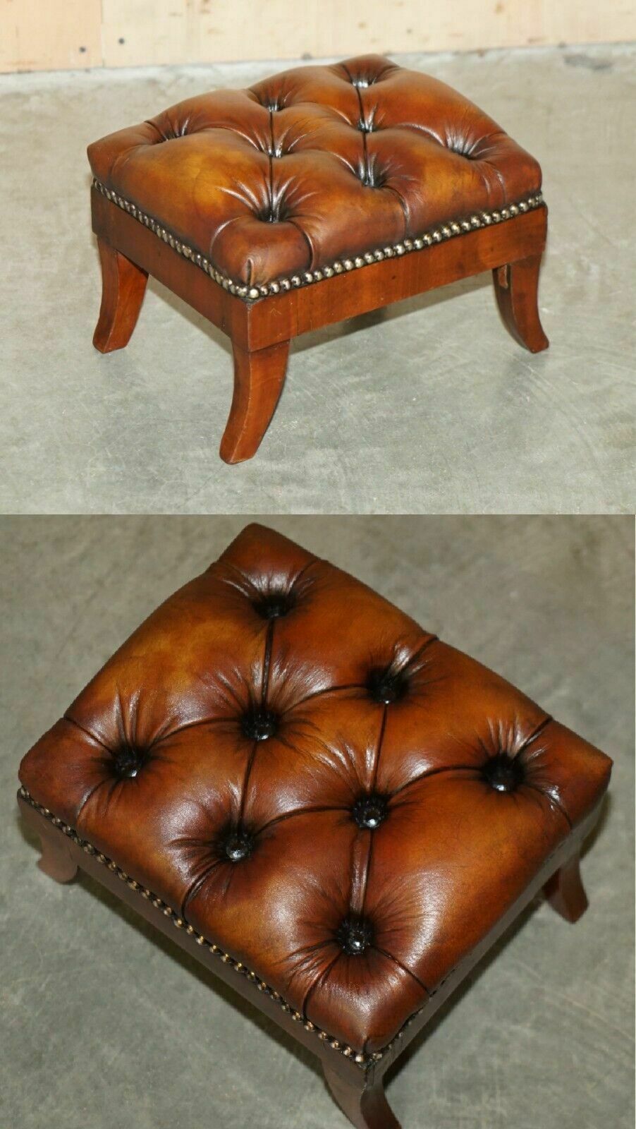 Fully Restored Wingback Armchair Chesterfield Footstool Hand Dyed Brown Leather