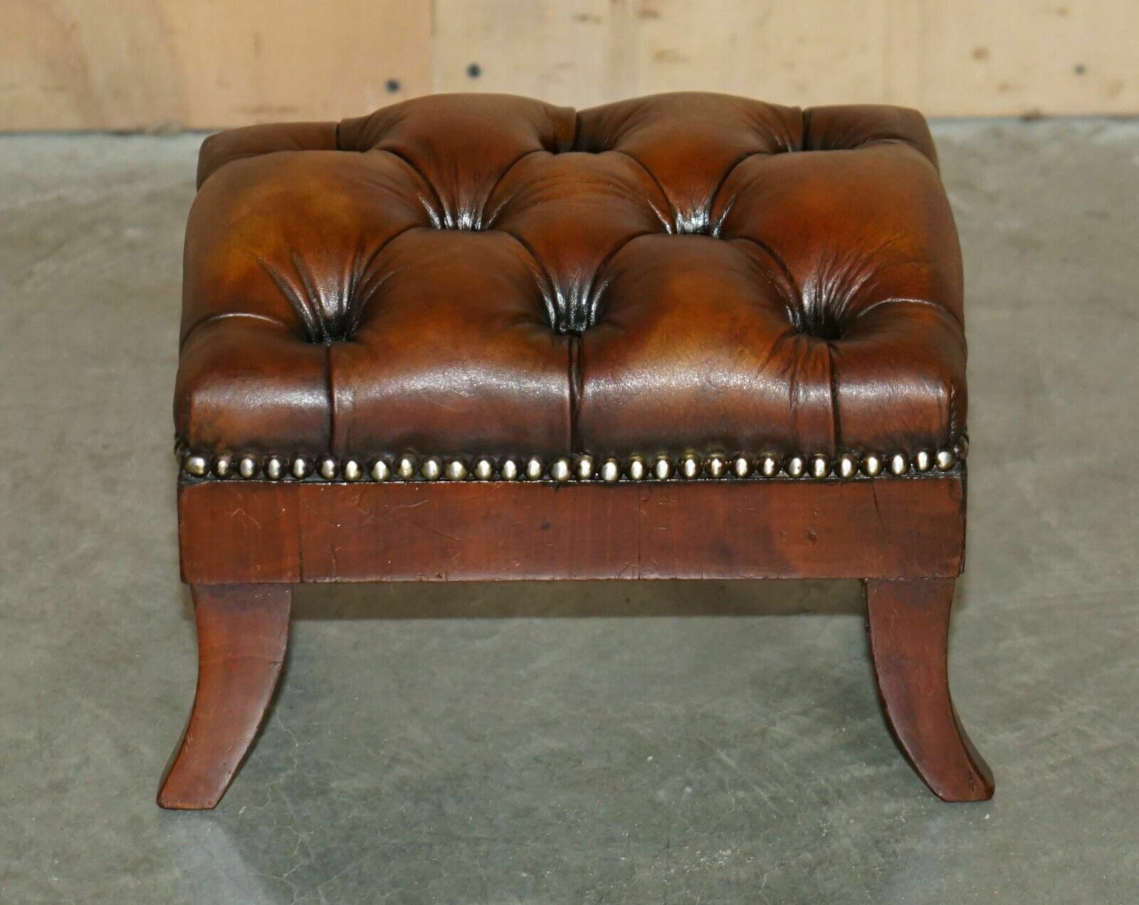 Fully Restored Wingback Armchair Chesterfield Footstool Hand Dyed Brown Leather photo for sale