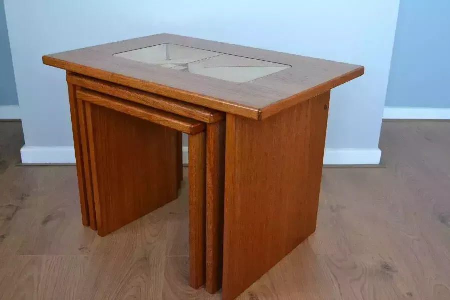 Mid Century Teak Tiled Inlayed Nest Of Table Poul H Poulsen For Gangso Mobler