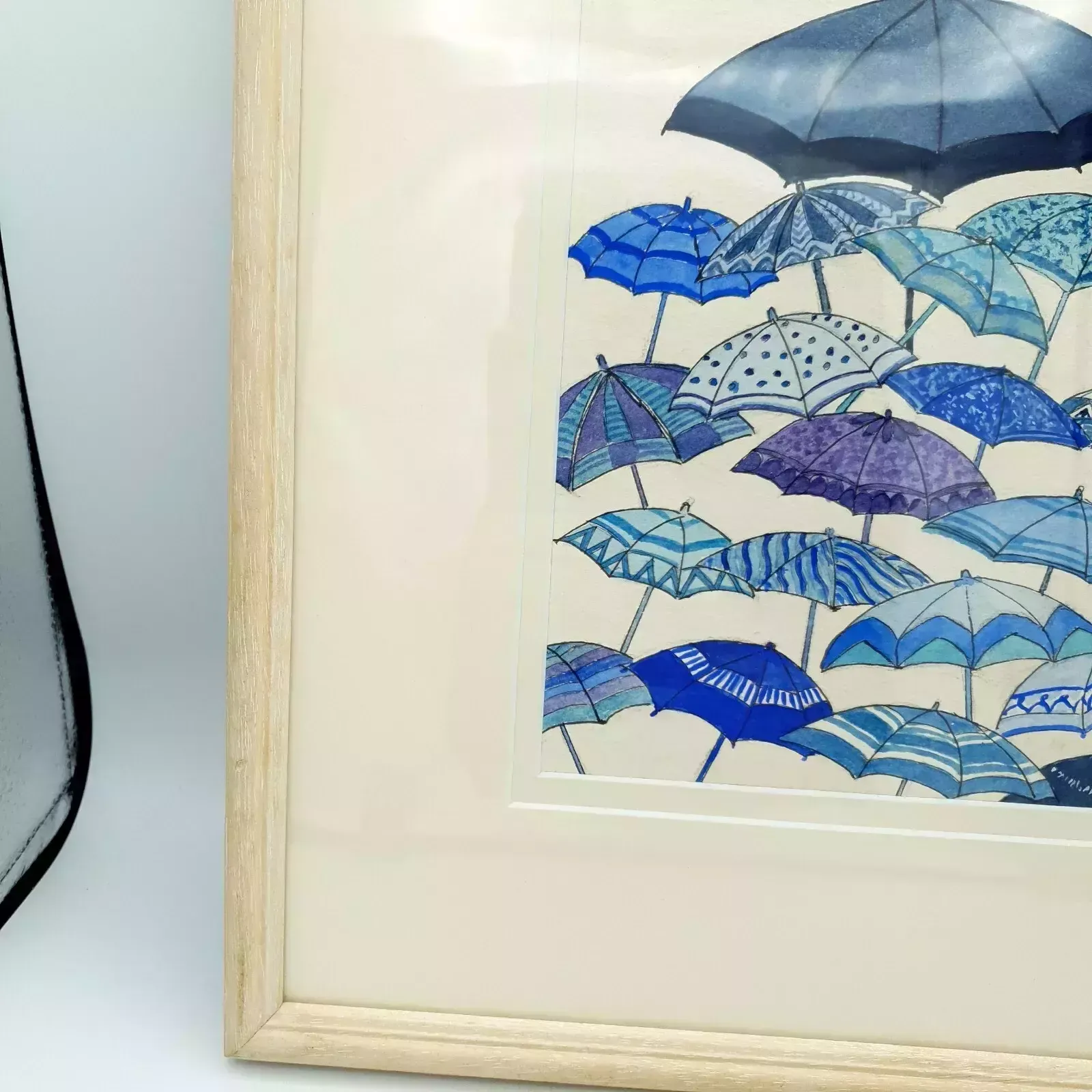 Original Watercolor "Blue Wet Day" By A.M. Allen – Umbrella Artwork, 2007, Frame photo vinterior