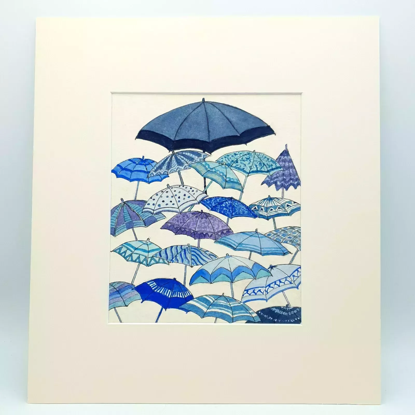 Original Watercolor "Blue Wet Day" By A.M. Allen – Umbrella Artwork, 2007, Frame photo vintage