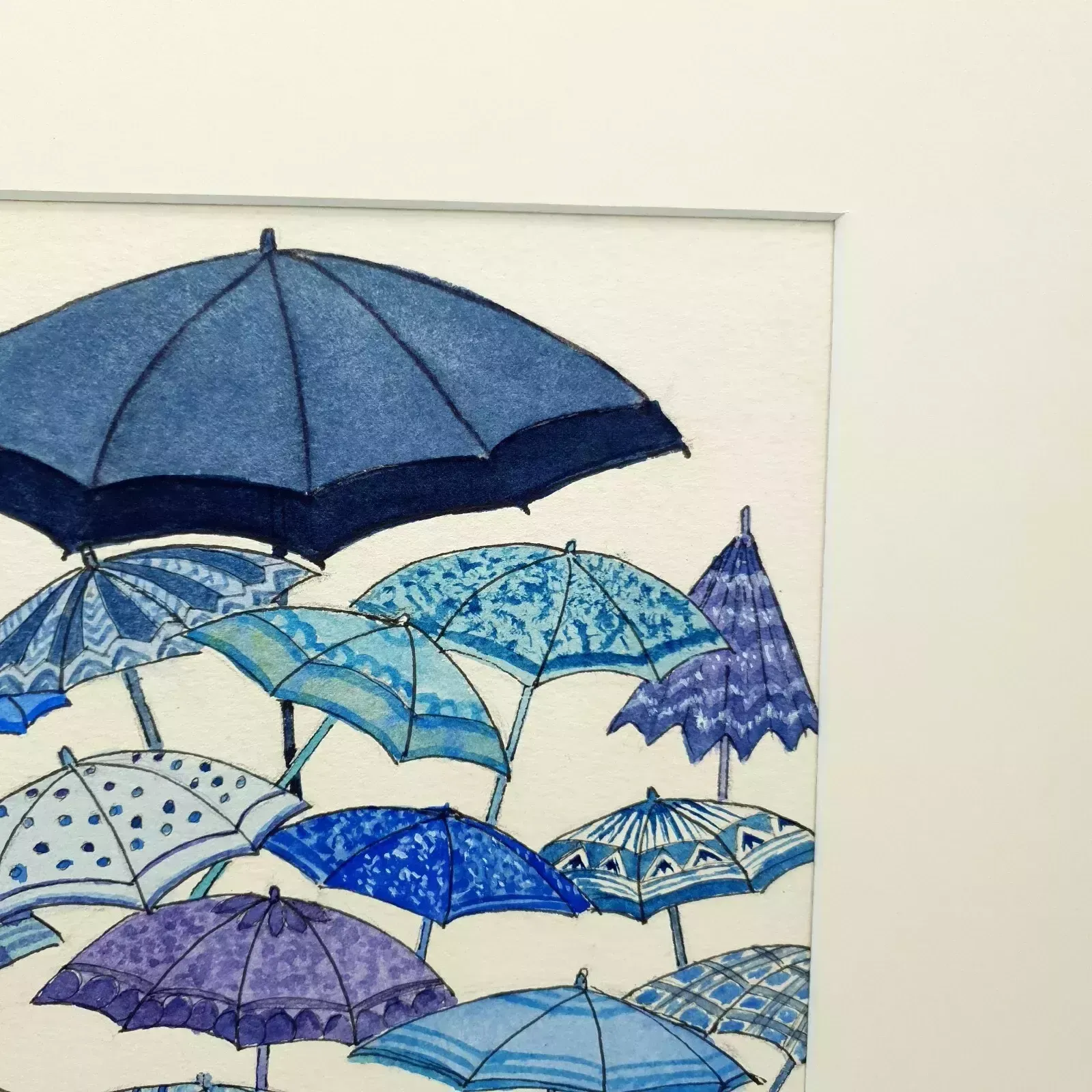 Art Original Watercolor "Blue Wet Day" By A.M. Allen – Umbrella Artwork, 2007, Frame photo