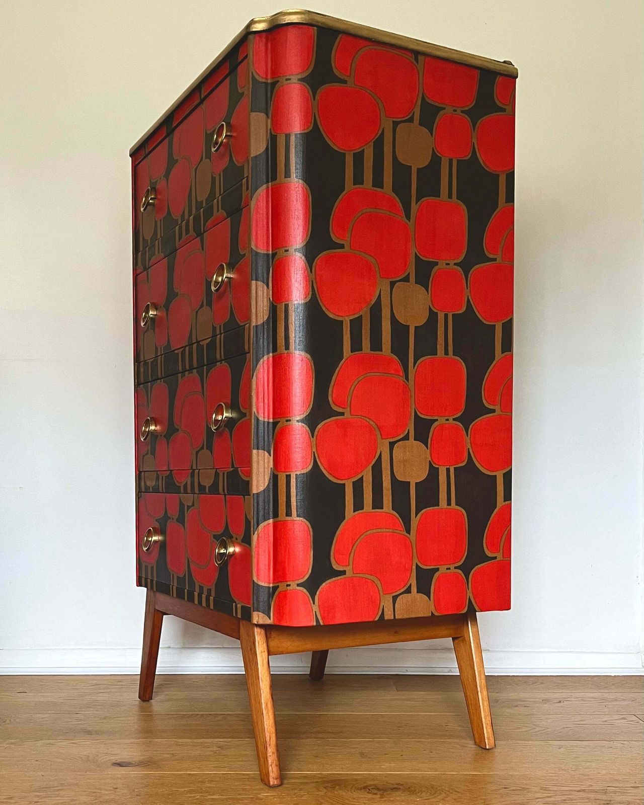 Vtg Mid Century Chest Of Drawers Tallboy With Original 1960s Fabric photo for sale