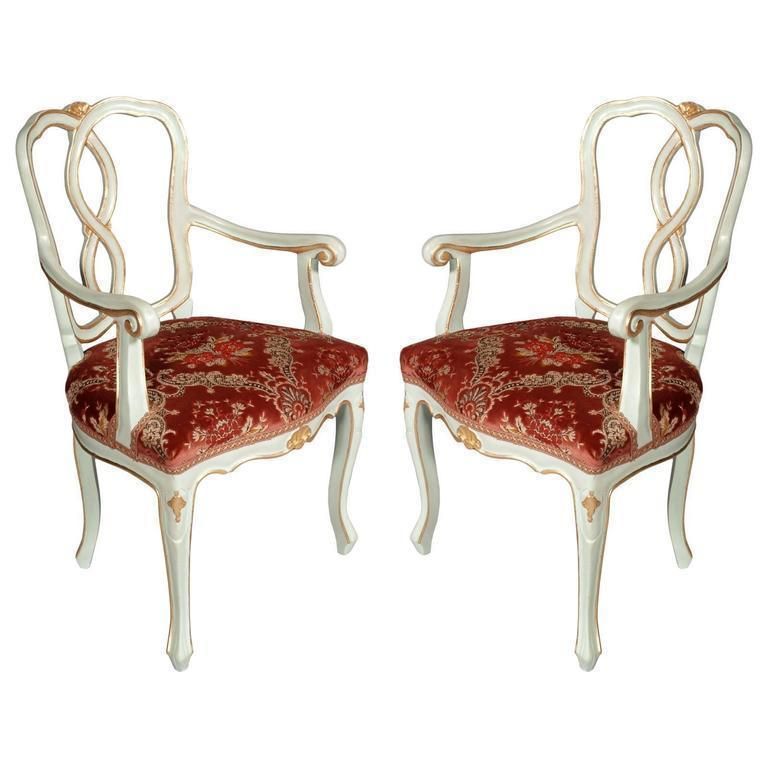 19th Century Antique Venetian Baroque Pair Of Armchairs Laquered And Gold Leaf