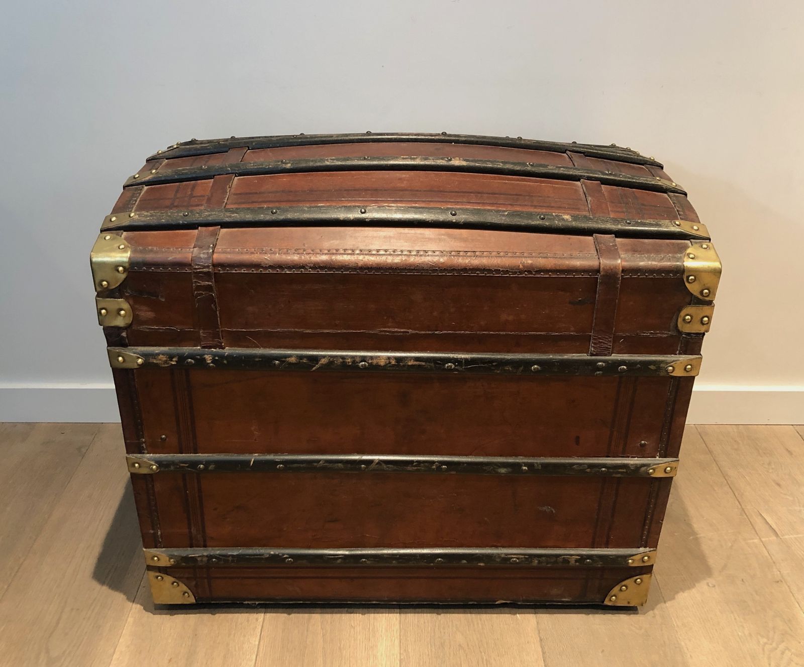 photo for sale Domed Travel Trunk In Leather, Wood And Brass