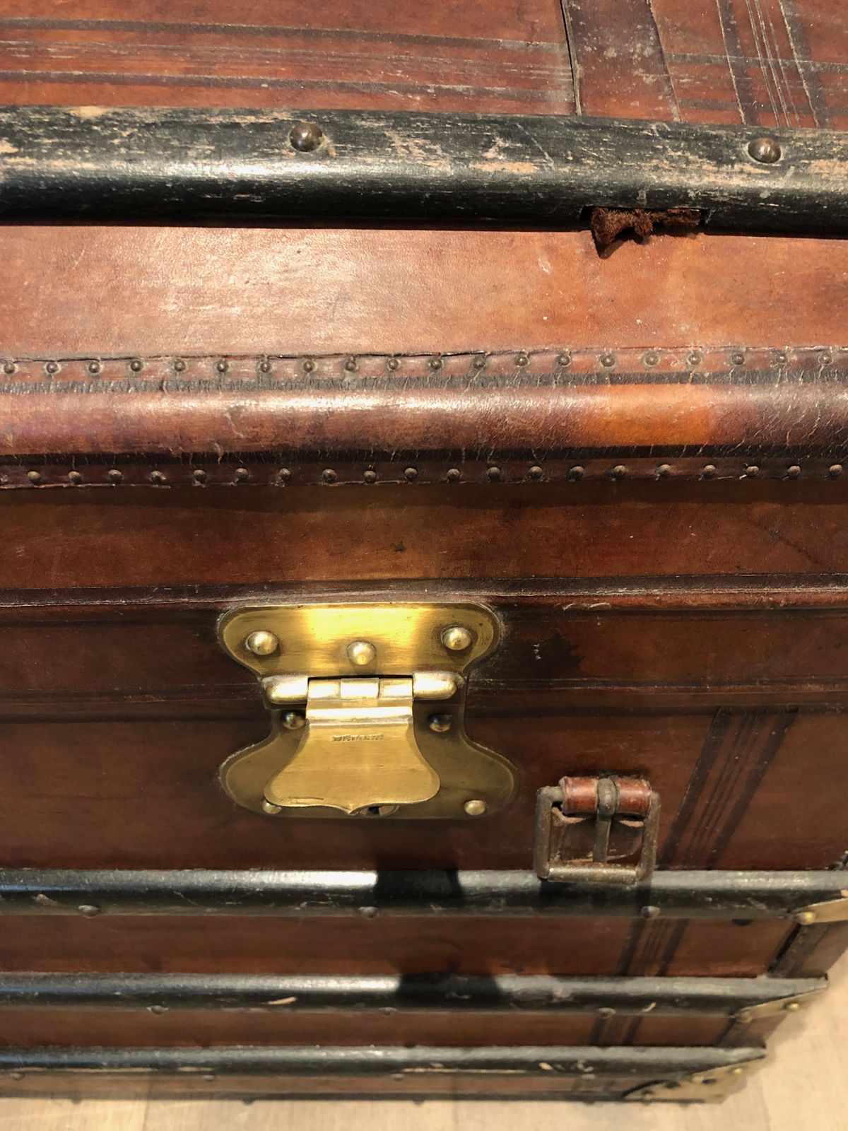 photo buy Domed Travel Trunk In Leather, Wood And Brass