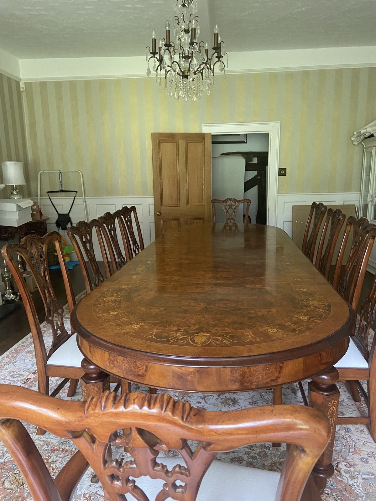 10 Seater Vintage Marquetry Burr Walnut Dinning Table And Chairs