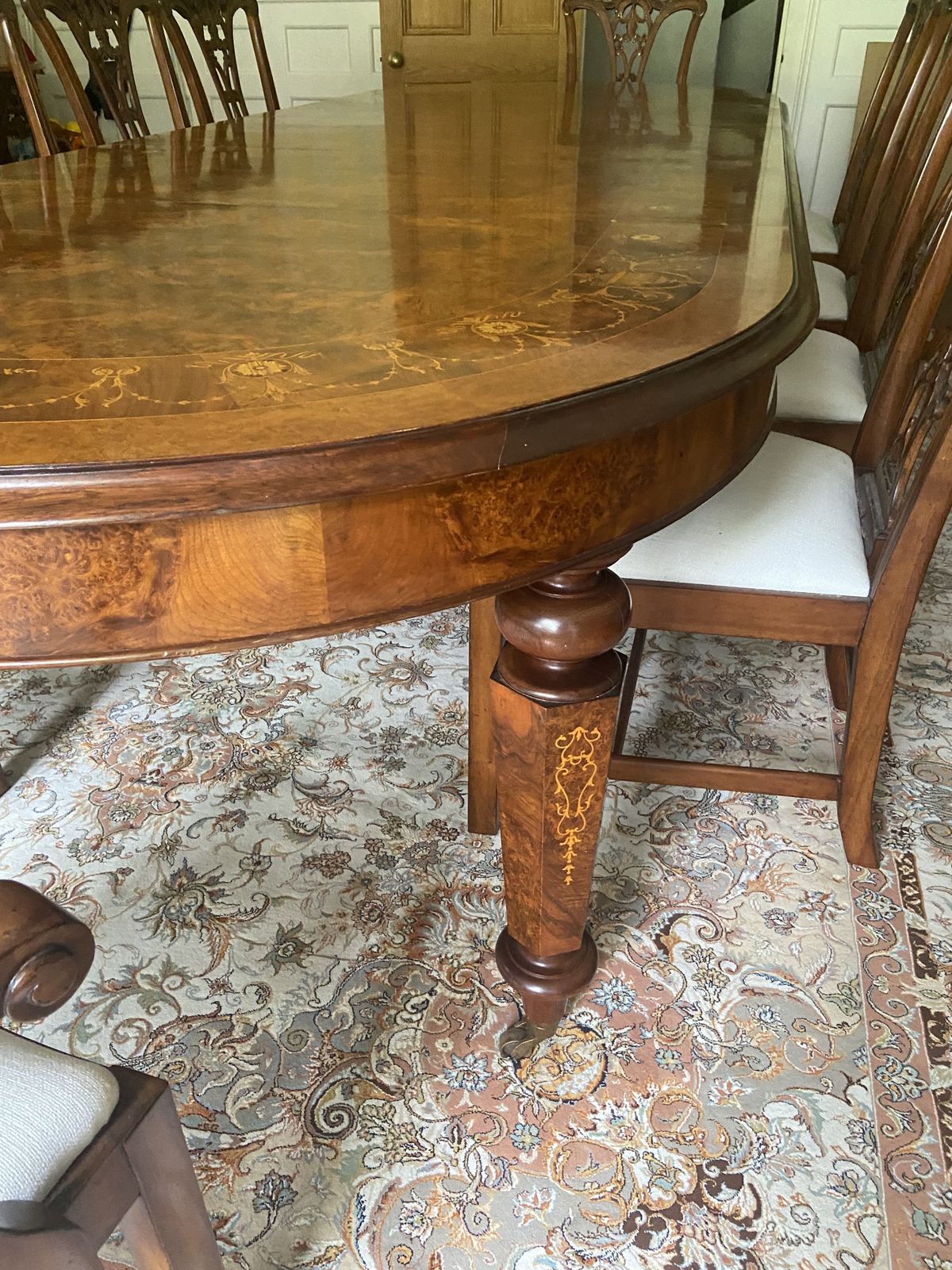 10 Seater Vintage Marquetry Burr Walnut Dinning Table And Chairs photo Furniture