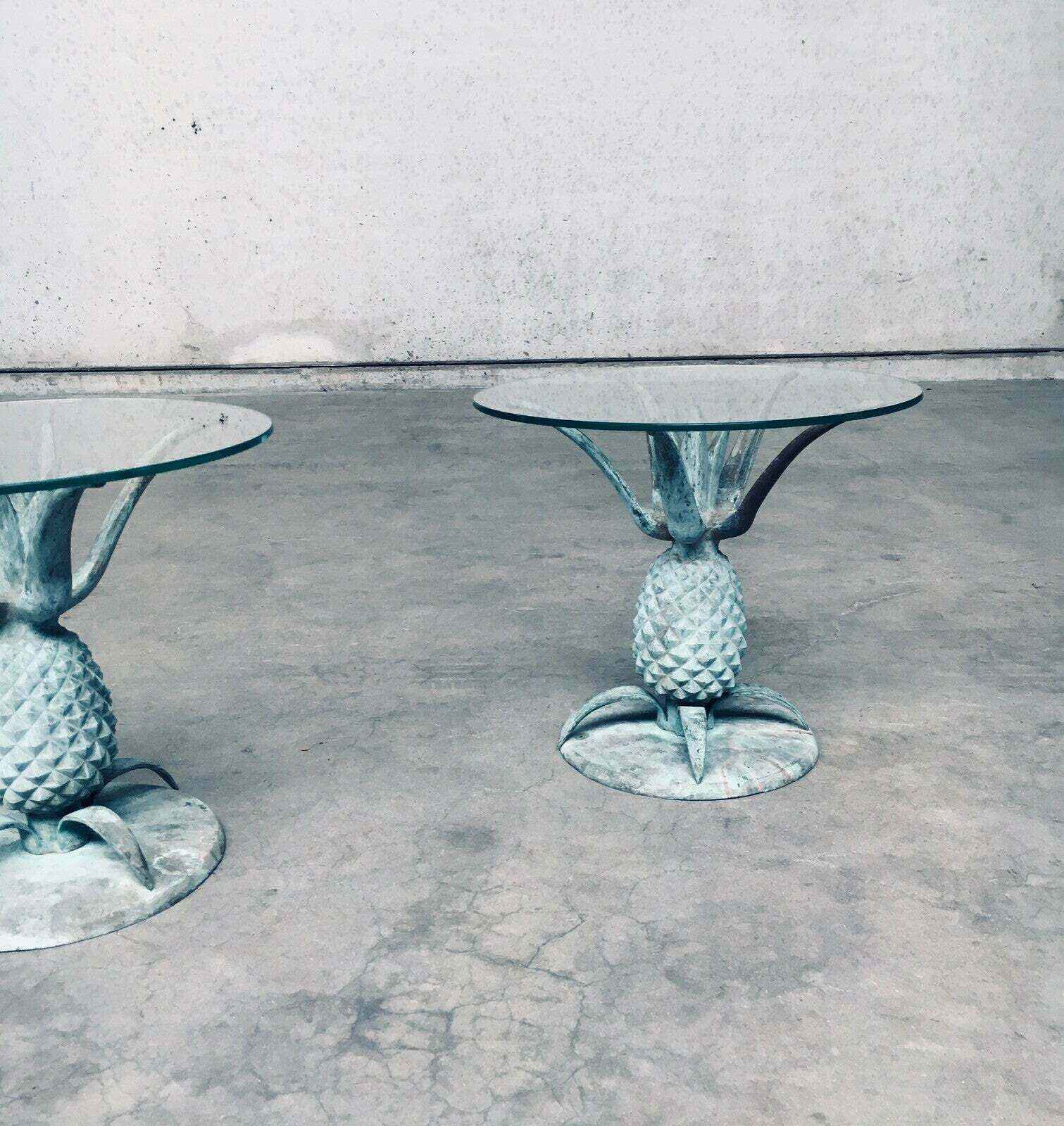 Furniture Hollywood Regency Style Design Brass Patinated Pineapple Side Table Set, France 1970's photo