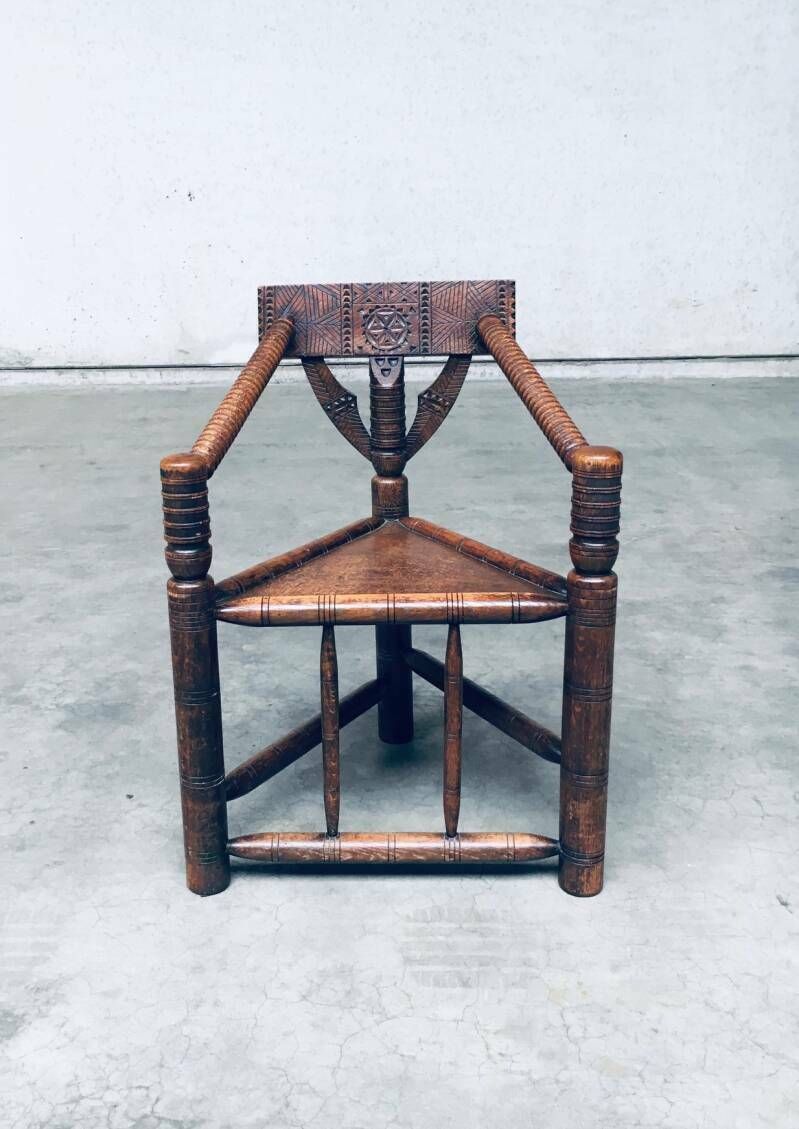 Brutalist Carved Oak Tripod Monk Chair, Sweden 1930's photo Furniture
