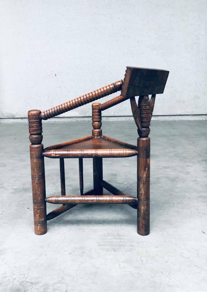 Brutalist Carved Oak Tripod Monk Chair, Sweden 1930's photo buy