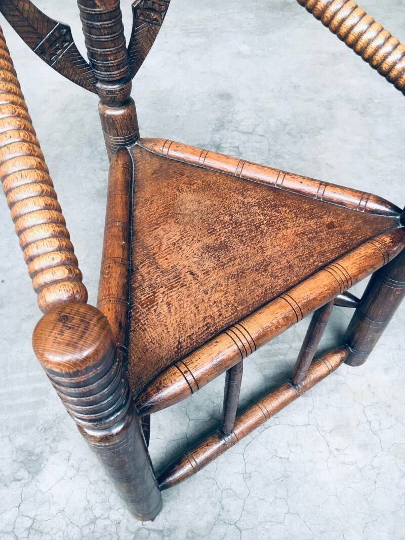 Furniture Brutalist Carved Oak Tripod Monk Chair, Sweden 1930's photo