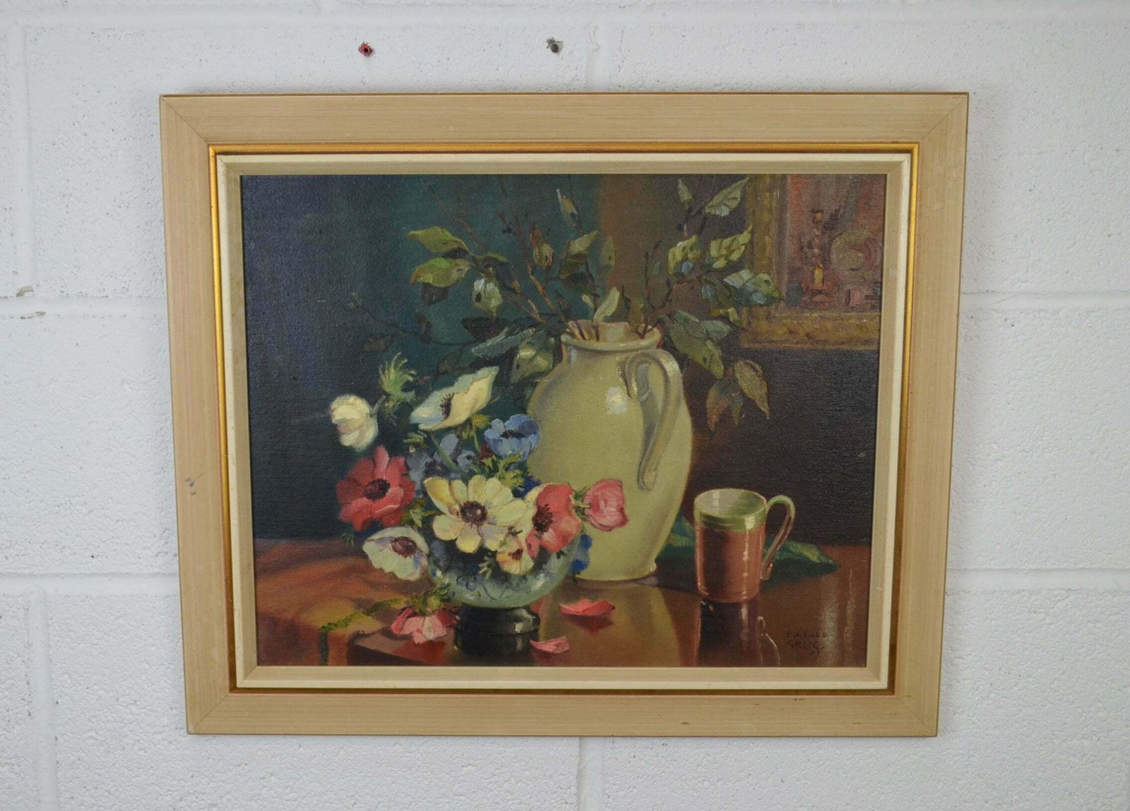 Vintage Still Life Oil On Canvas   Donald Greig 1916  09 photo furniture