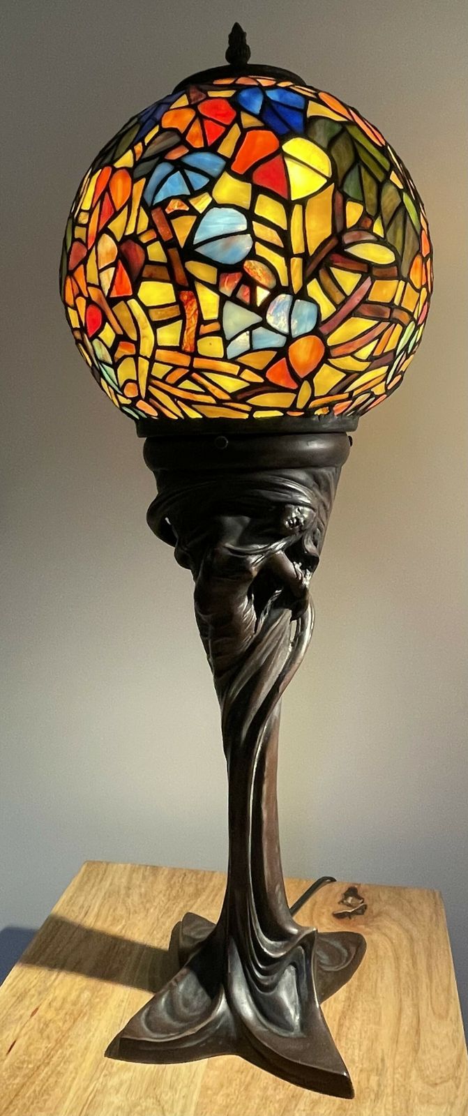 Stained Glass Art Nouveau Globe Table Lamp In Tiffany Style With Stunning Bronze Base photo furniture
