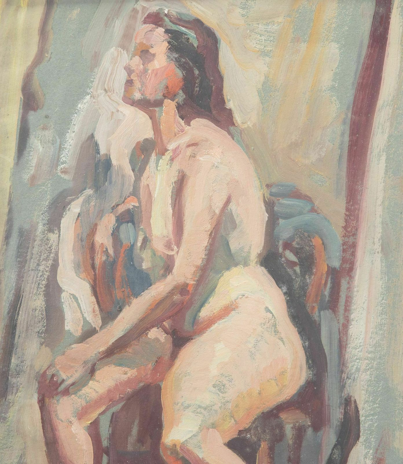 20th Century Oil On Paper   Nude Seated photo furniture