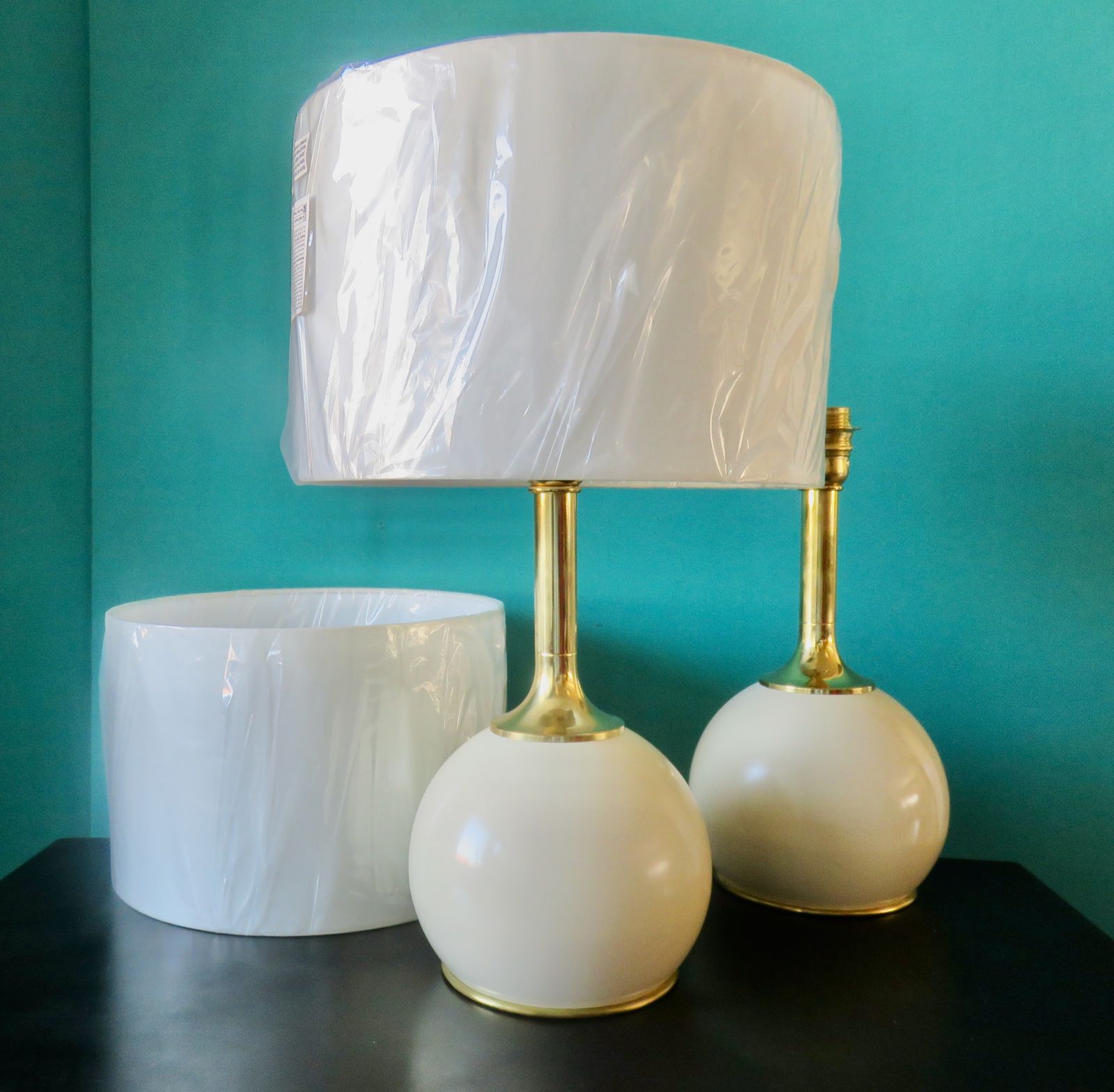 Pair Of Bedside Lamps In Brass And Ecru Lacquered Metal. Denmark 1960 photo Lighting