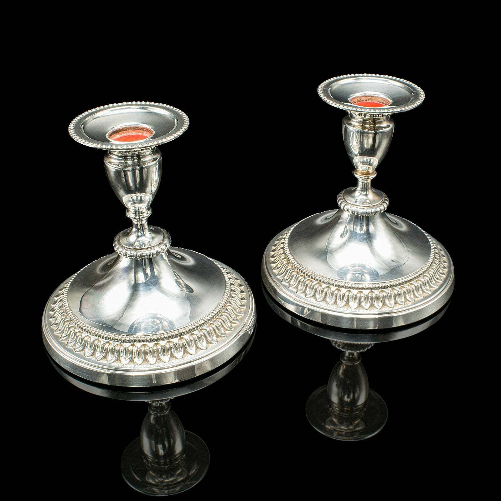 Pair Of Vintage Low Candlesticks English Silver Plate Candle Nozzle C 1950