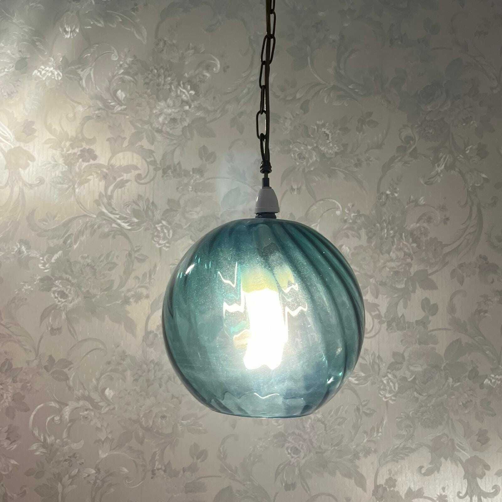 A Set Of 3 Mid Century Petrol Blue Round Ridged Glass Pendant Lampshades photo for sale