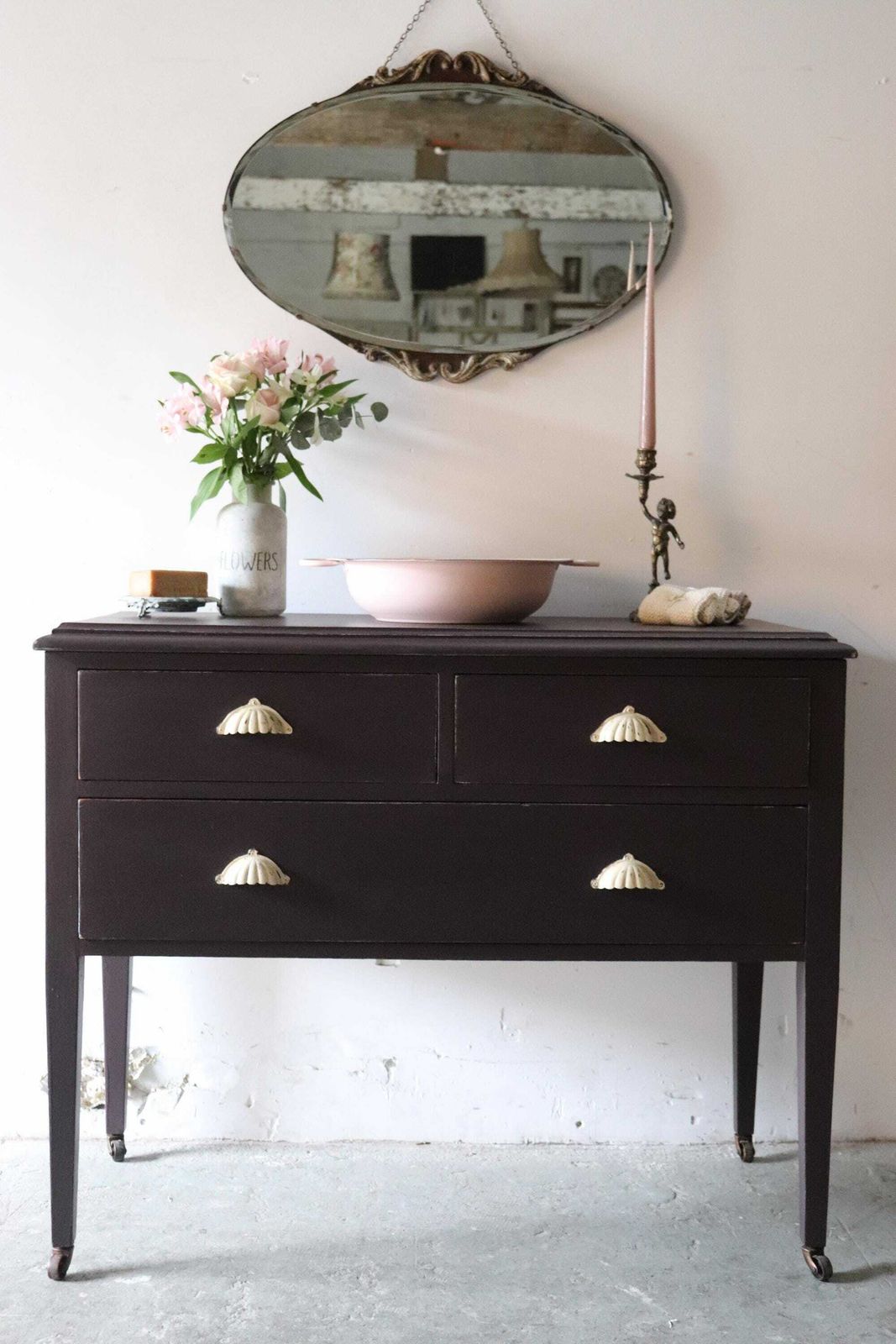 Painted Victorian Washstand Or Cabinet With Drawers On Castors In Deep Mulberry photo furniture