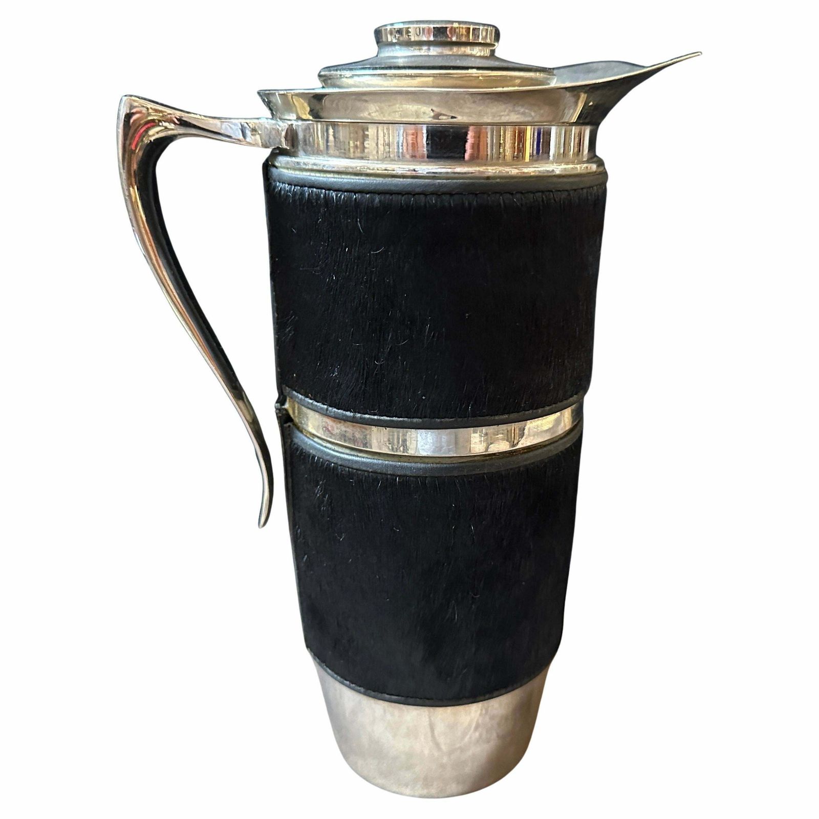 1980s Modernist Black Cavallino And Silver Plated Italian Thermos Carafe
