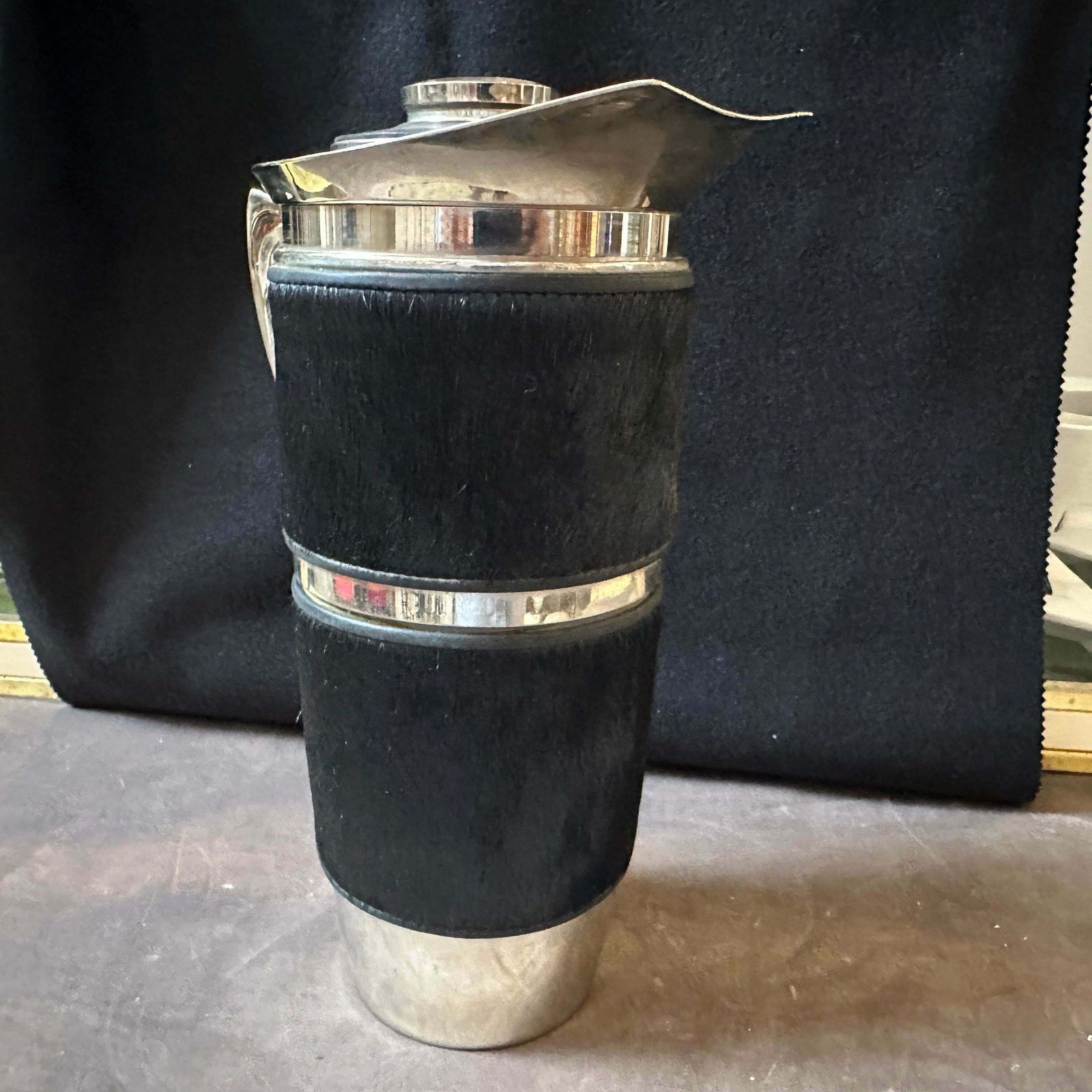 1980s Modernist Black Cavallino And Silver Plated Italian Thermos Carafe photo buy